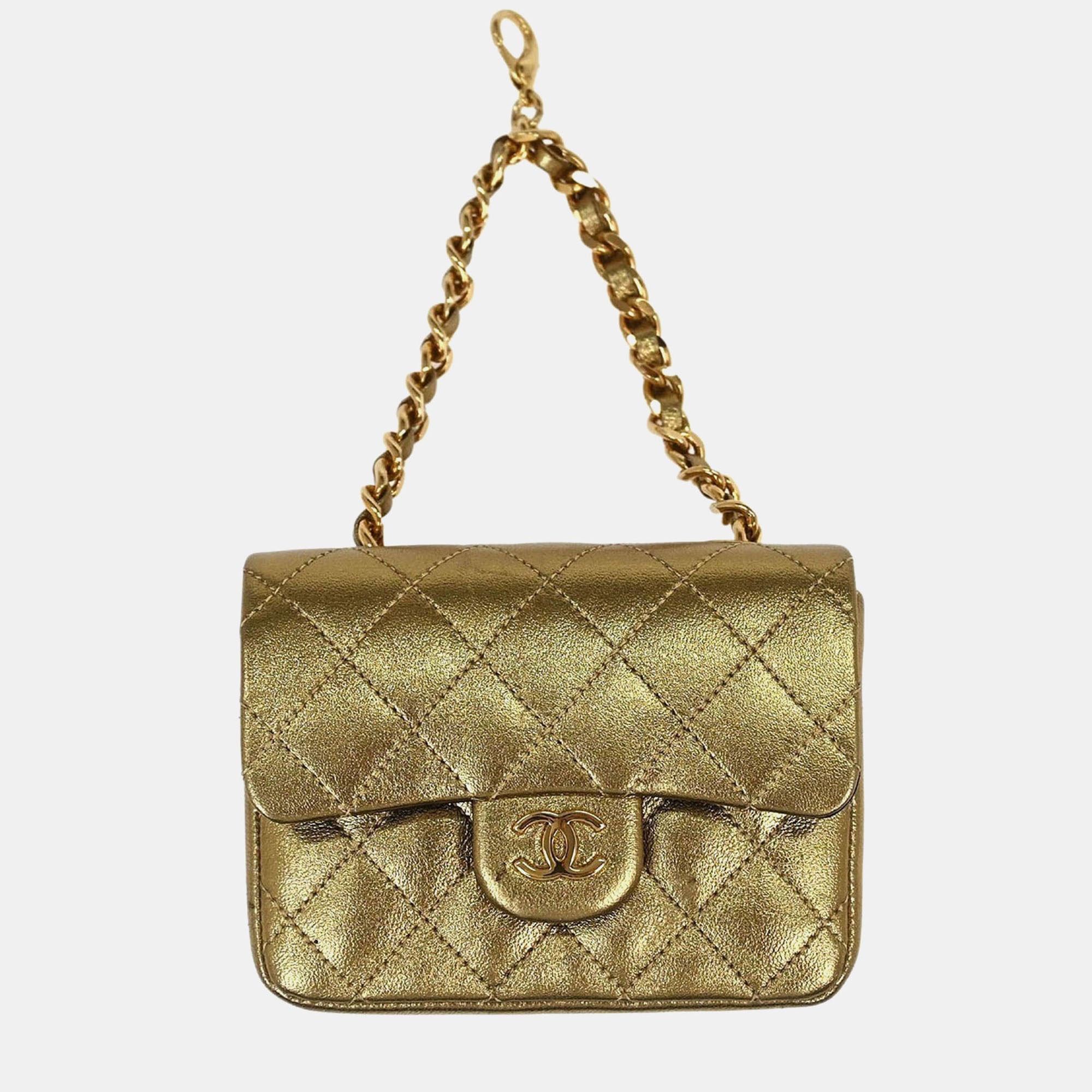 Pre-owned Chanel Metallic Gold Lambskin Classic Flap Micro Bag Pouch
