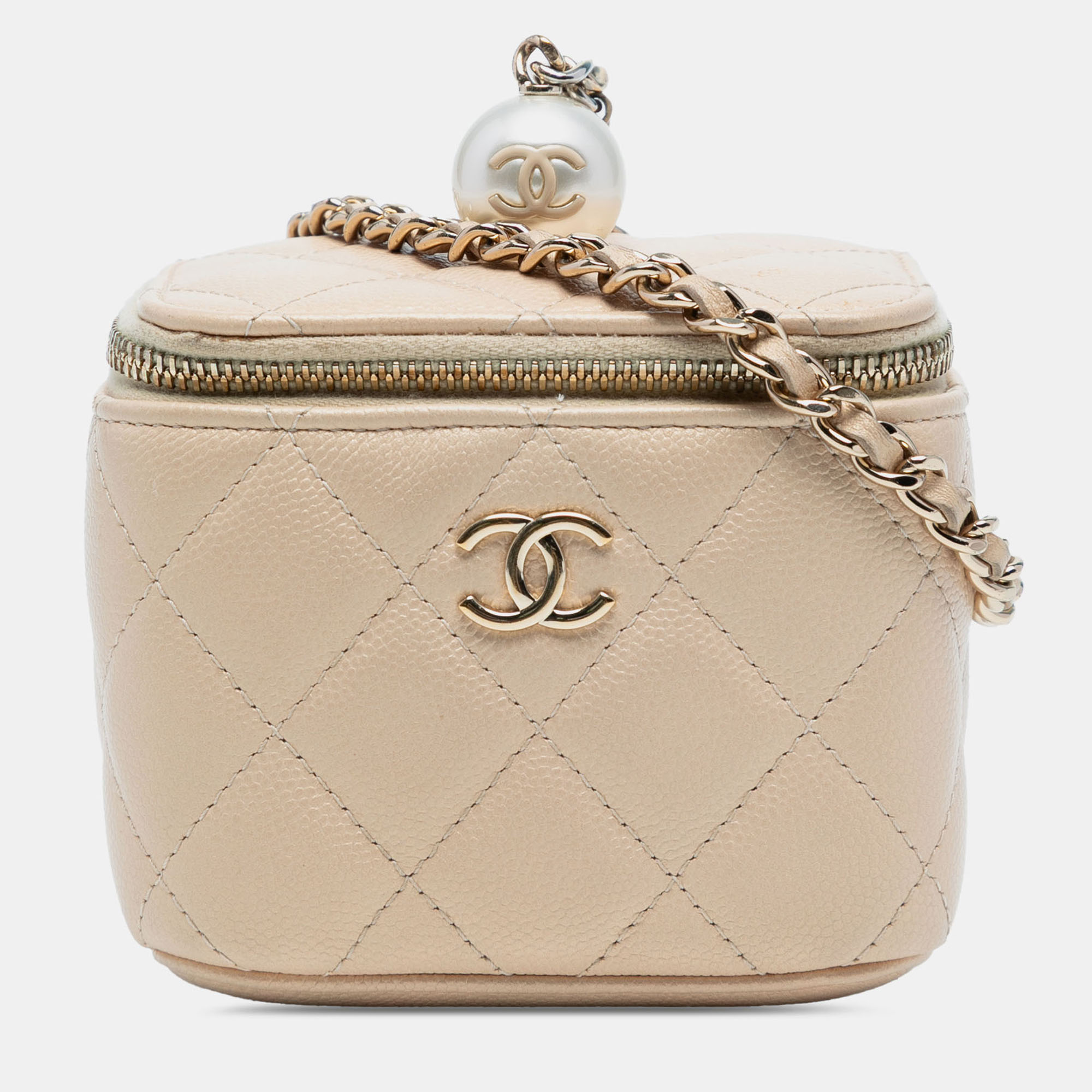 

Chanel Beige Mini Quilted Iridescent Caviar Pearl On Top Vanity Case With Chain