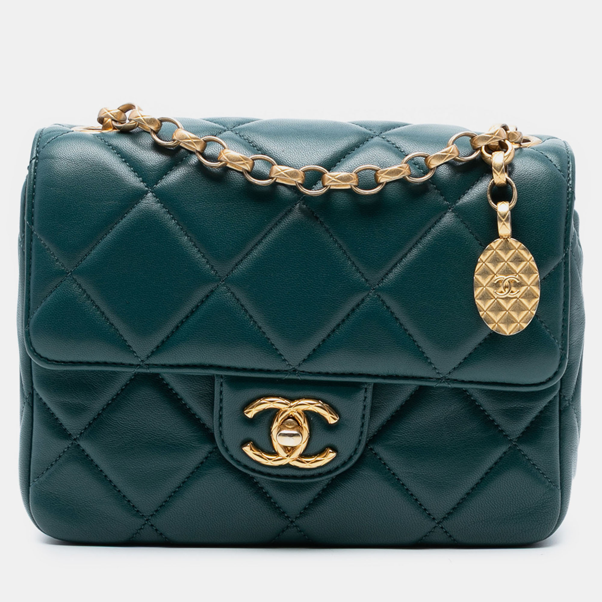 

Chanel Green Mini Square Quilted Lambskin Bijoux Logo Chain Flap