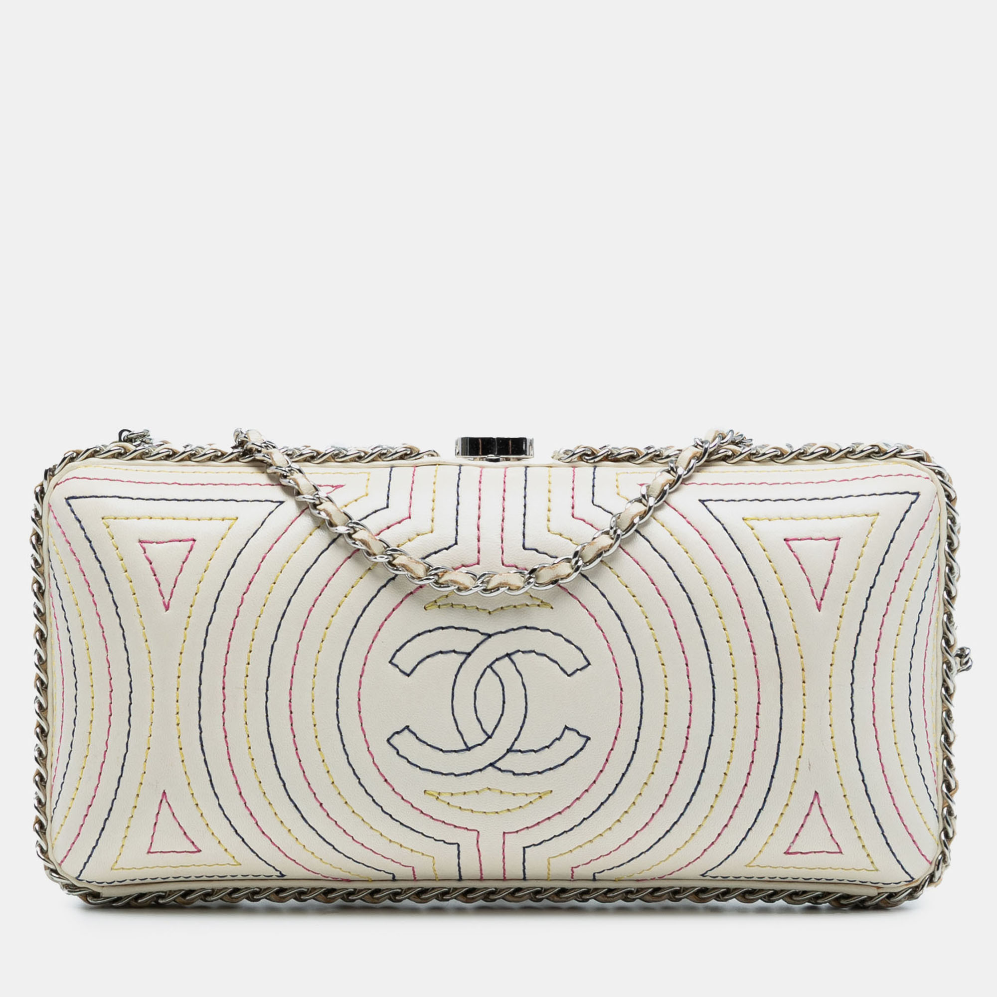 Pre-owned Chanel White Quilted Calfskin Korean Garden Clutch On Chain