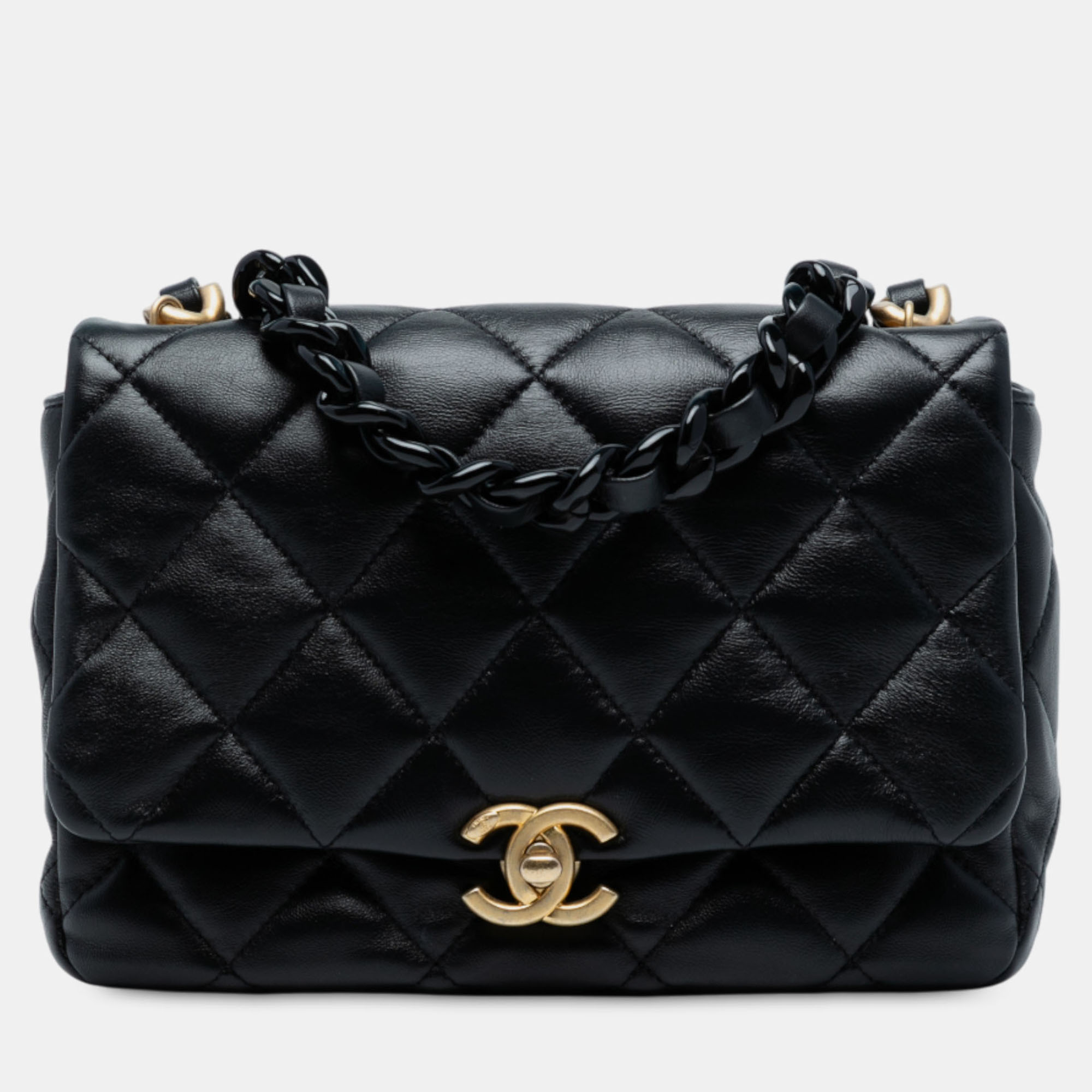 

Chanel Black Mini Quilted Lambskin Lacquered Chain Flap