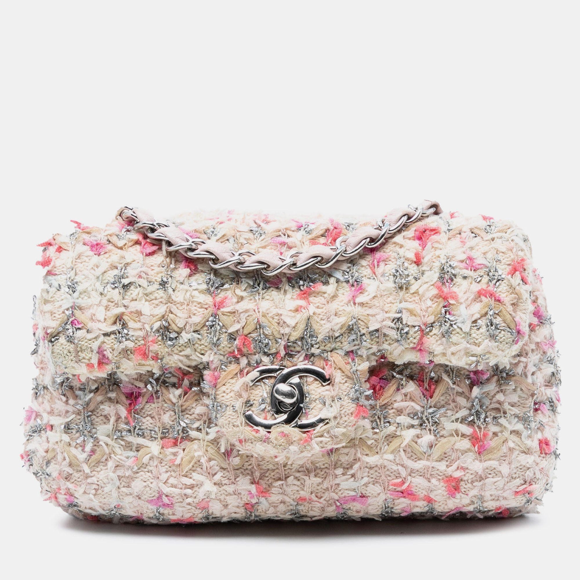 

Chanel Pink Mini Rectangular Classic Tweed Single Flap