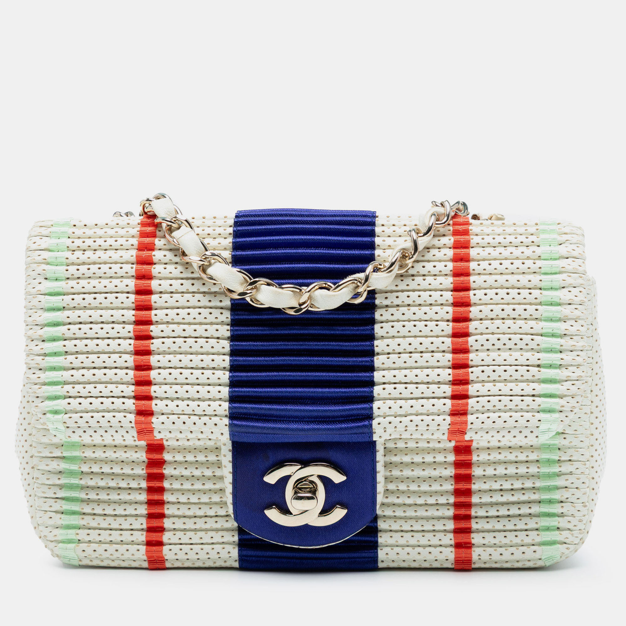 

Chanel Blue White Mini Rectangular Classic Pleated Perforated Lambskin Single Flap