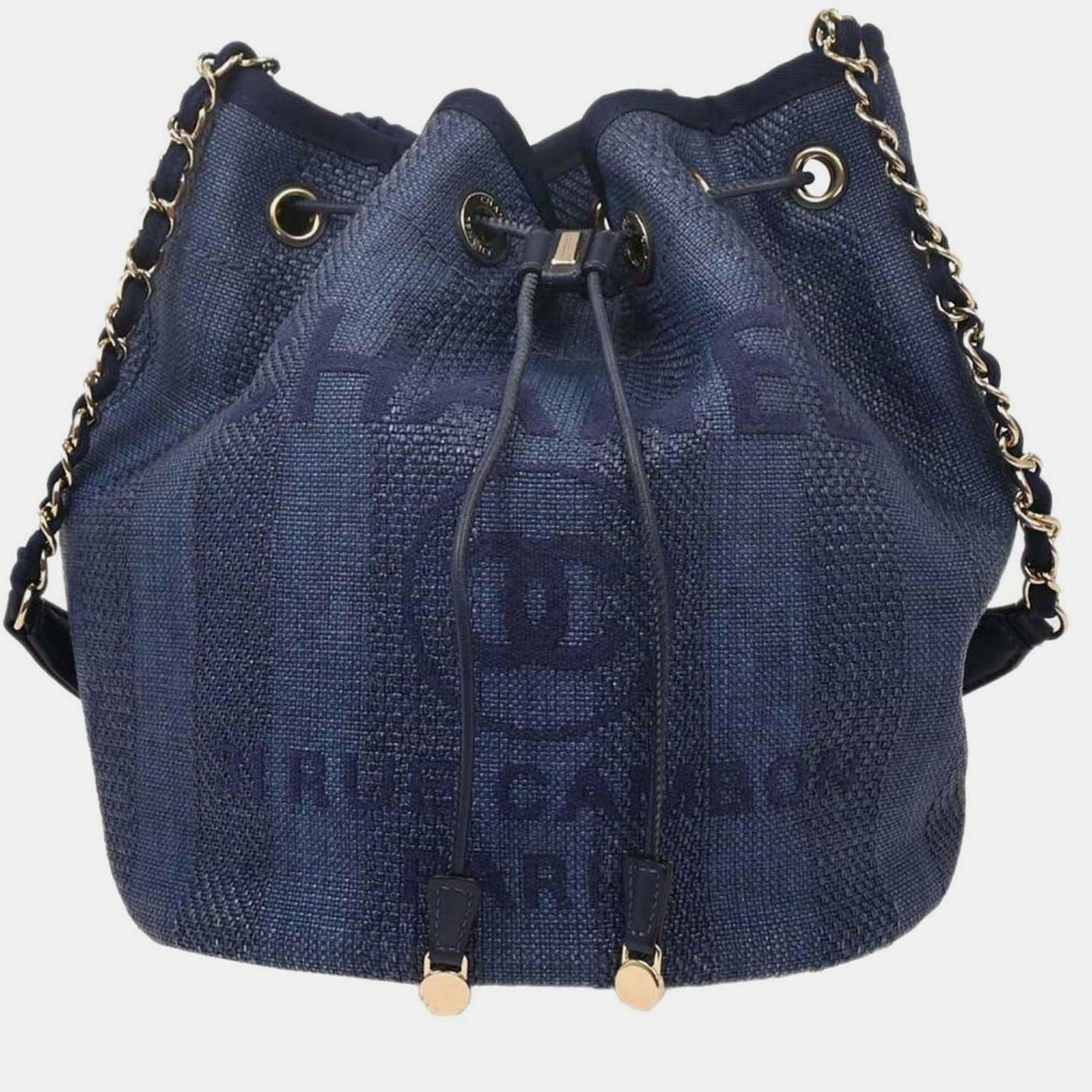 

Chanel Navy Straw Deauville Bucket Shoulder Bag, Navy blue