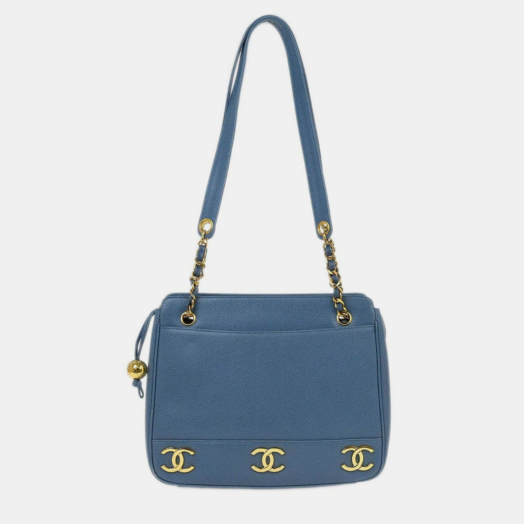 Pre-owned Chanel Blue Calfskin Triple Cc Shoulder Tote Bag