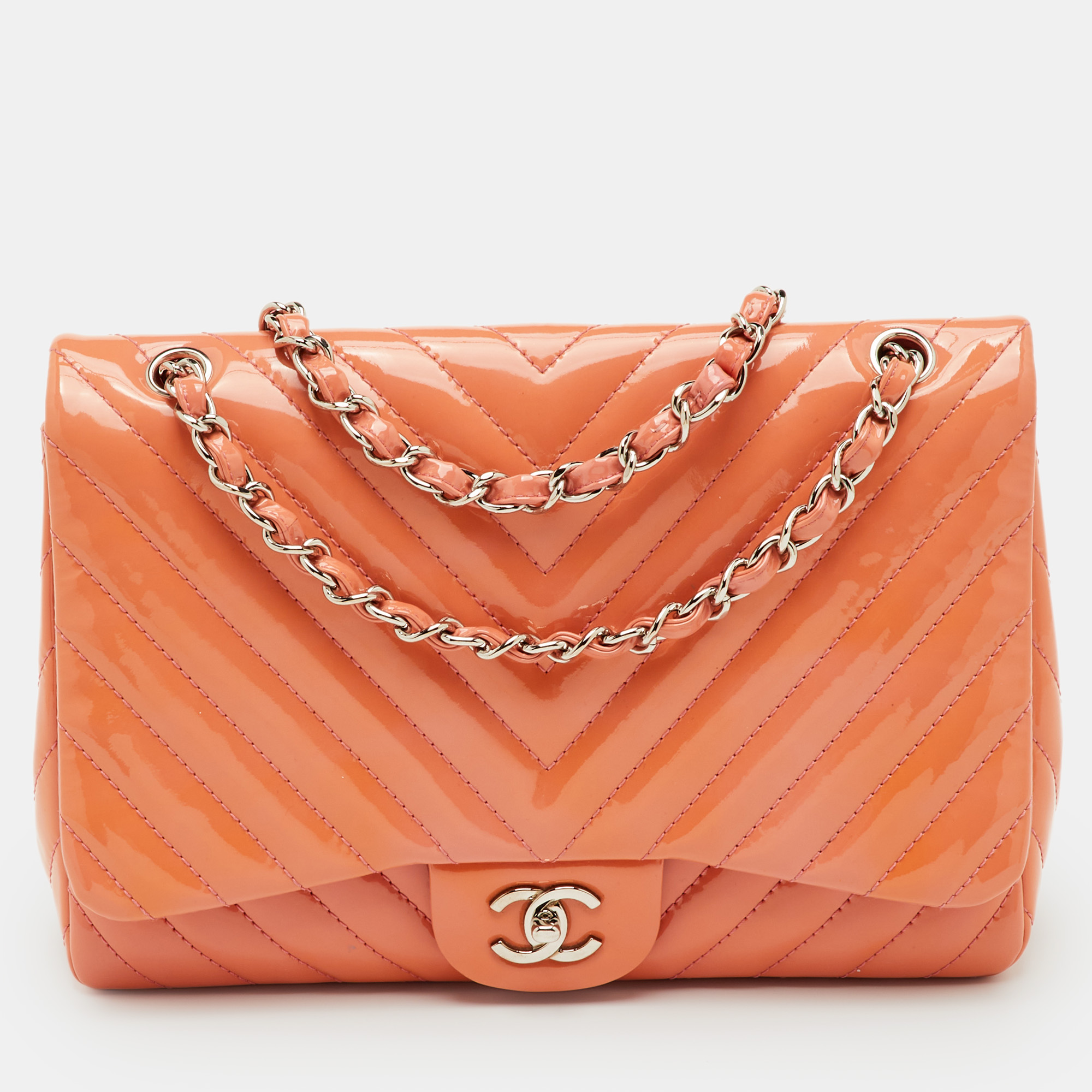 

Chanel Peach Jumbo Chevron Patent Leather Classic Single Flap Bag, Orange
