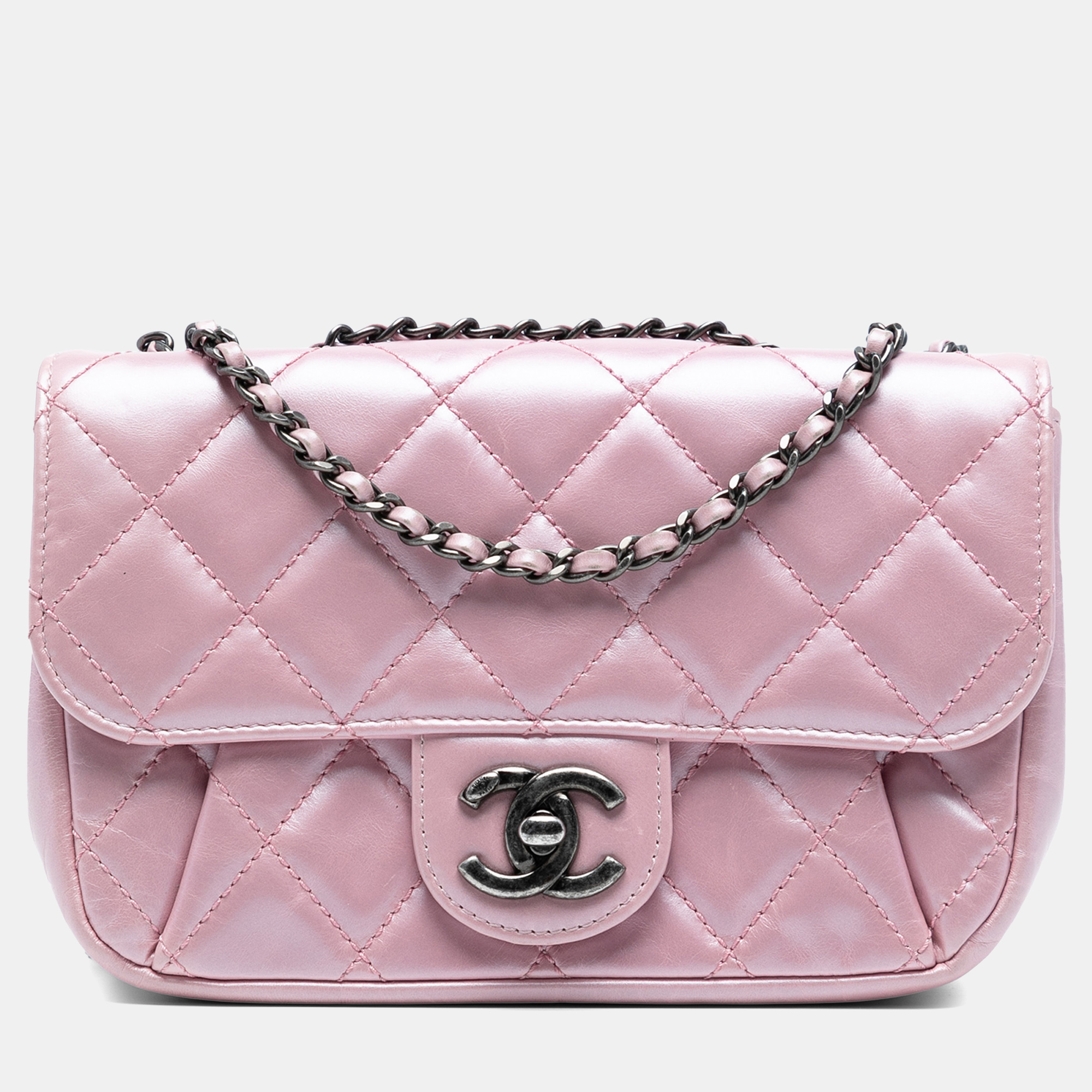 

Chanel Pink Mini Quilted Metallic Calfskin Coco Pleats Chain Flap