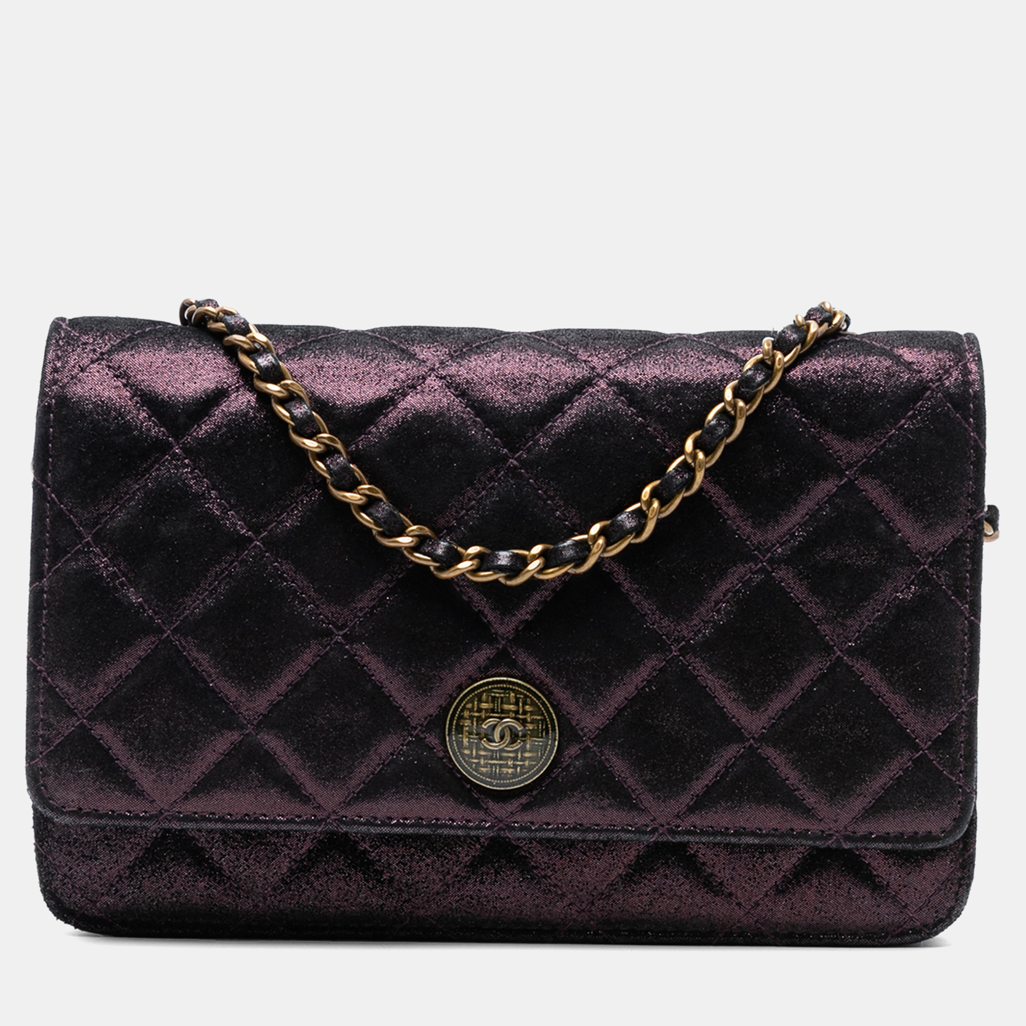 Click to view more detailed imagery on our partner's website Pre-owned Chanel Purple Quilted Iridescent Lambskin Tartan Button Wallet On Chain
