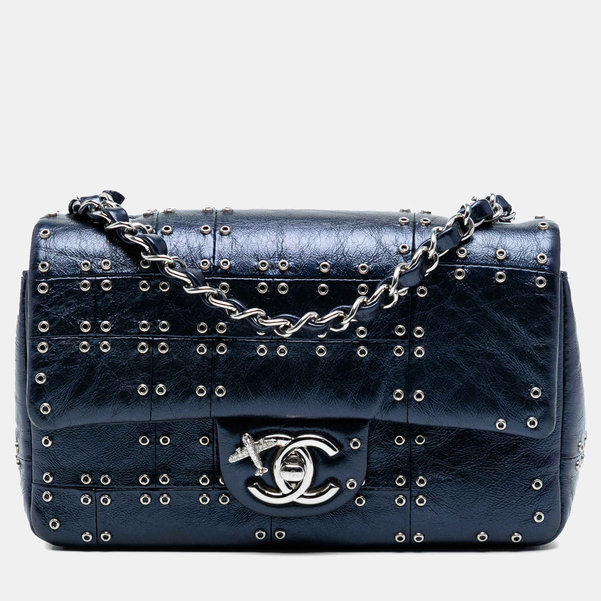 

Chanel Blue Mini Rectangular Classic Glazed Calfskin Studded Airlines Single Flap
