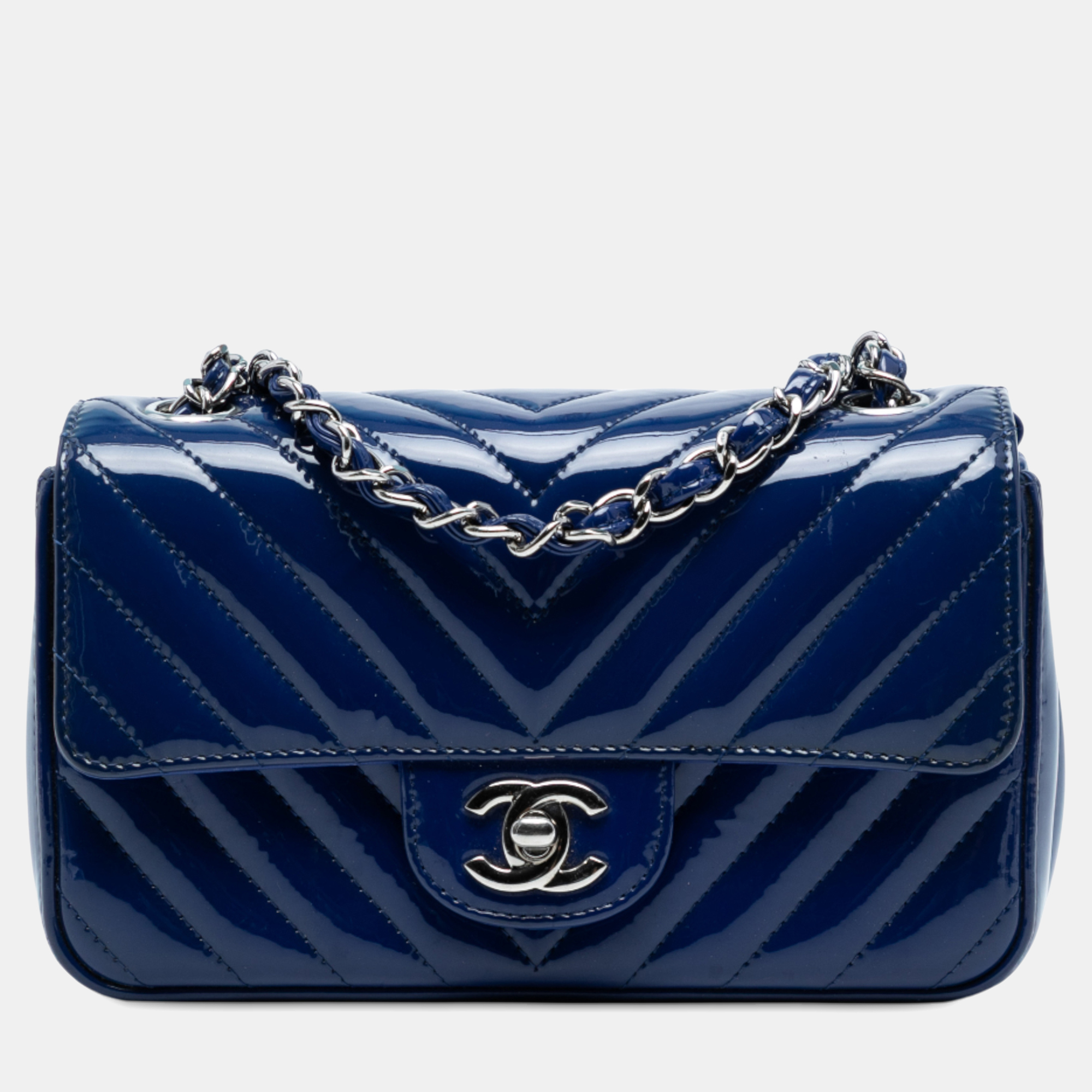 

Chanel Blue Mini Rectangular Classic Chevron Patent Single Flap
