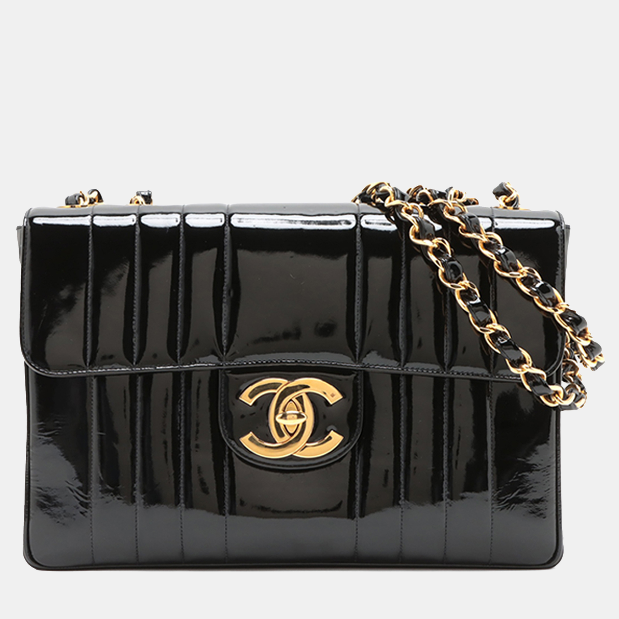 

Chanel Black Jumbo Patent Vertical Quilt Mademoiselle Flap