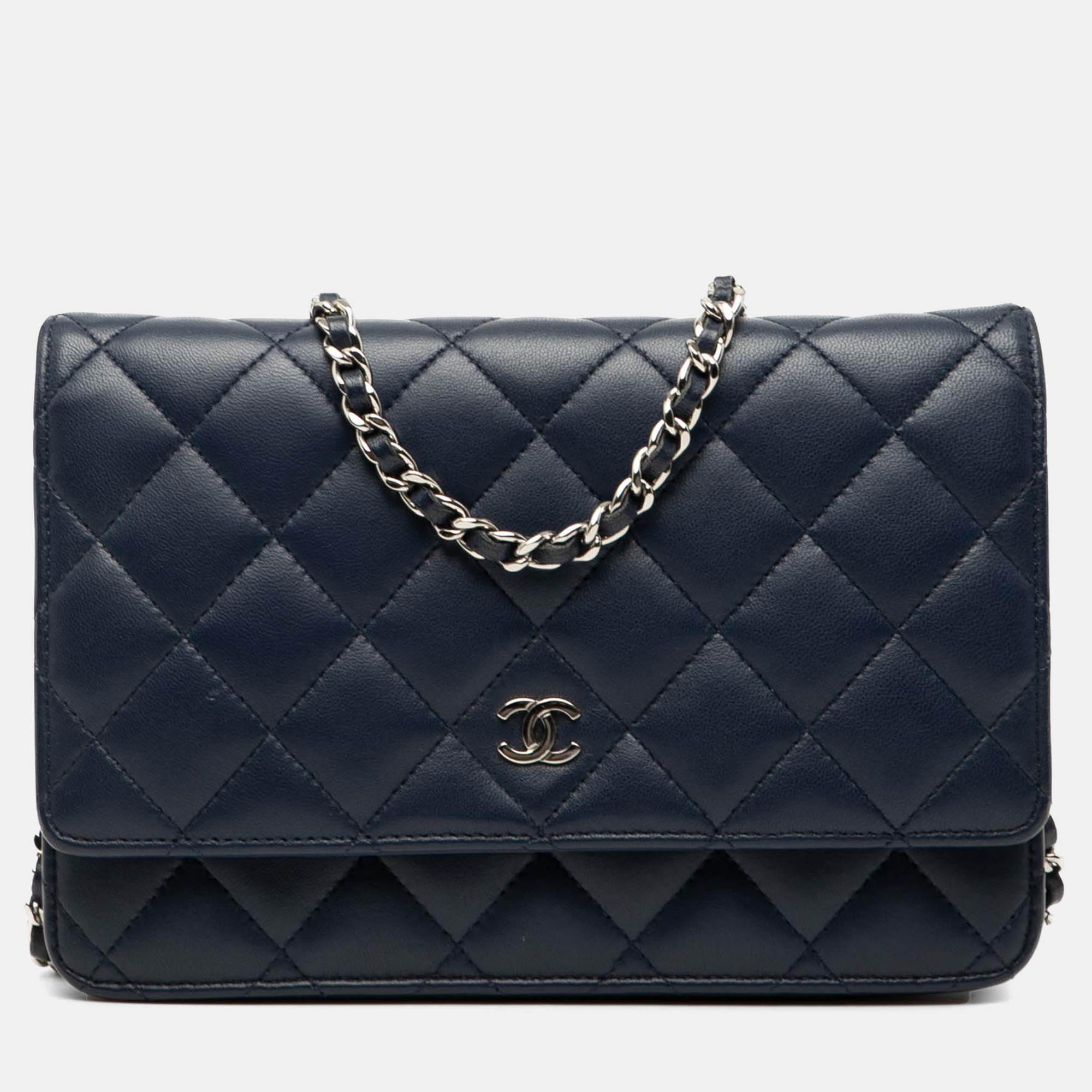 Pre-owned Chanel Blue Cc Quilted Lambskin Wallet On Chain