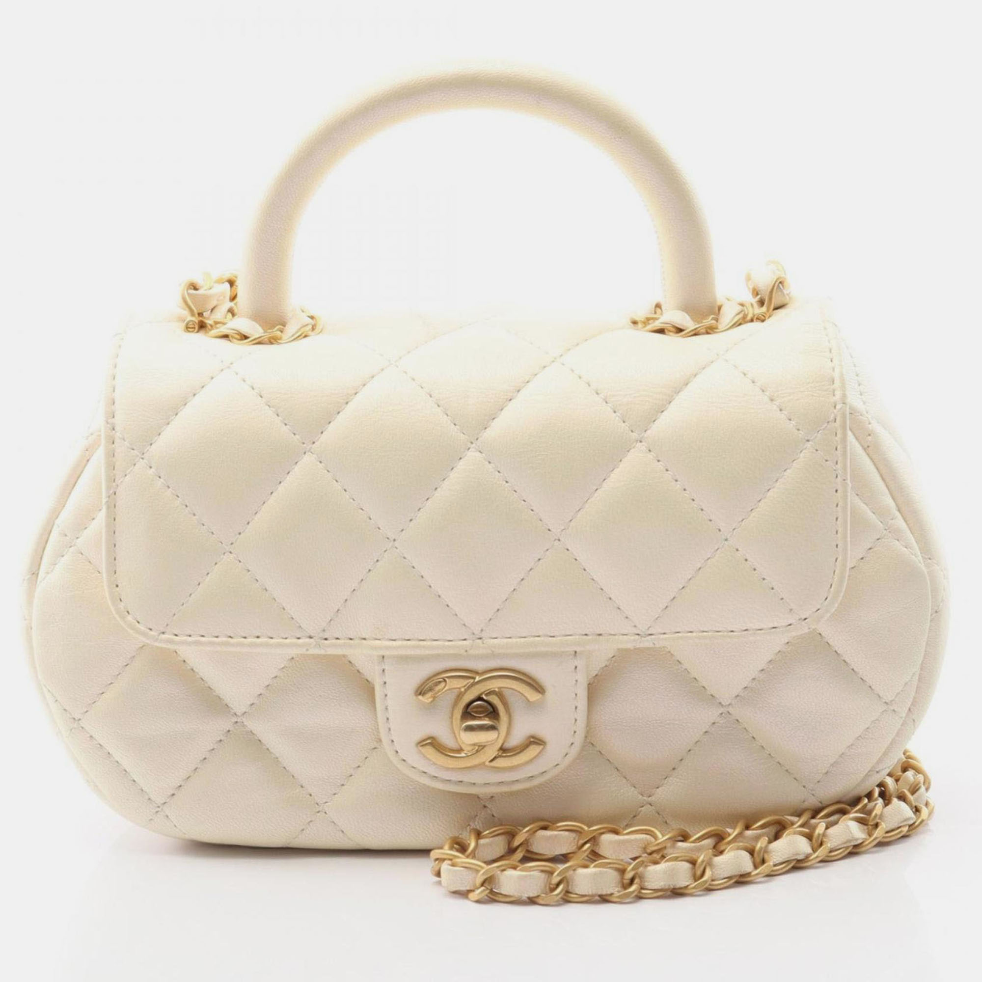 

Chanel Matelasse Top Handle Shoulder Bag In Ivory Lambskin Leather, White
