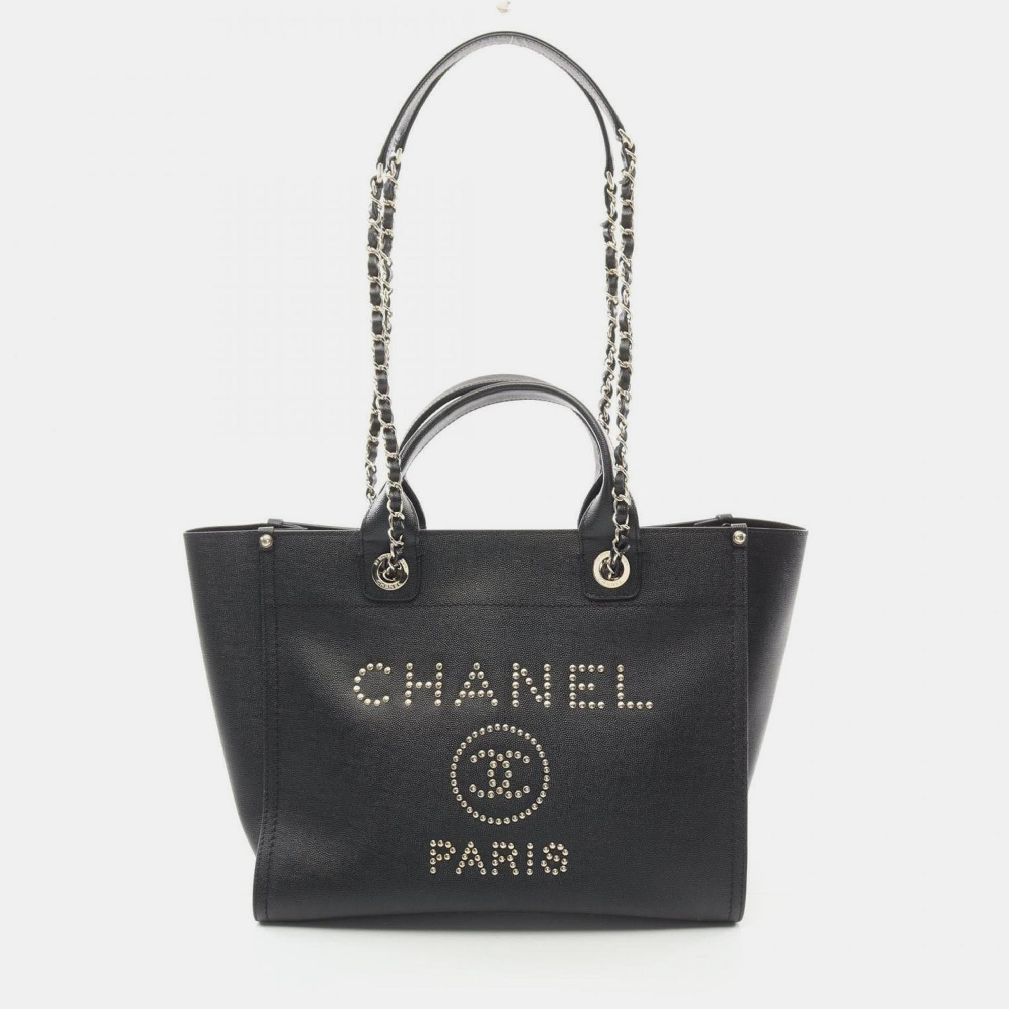 Pre-owned Chanel Deauville Tote Bag Leather Grained Calfskin Black