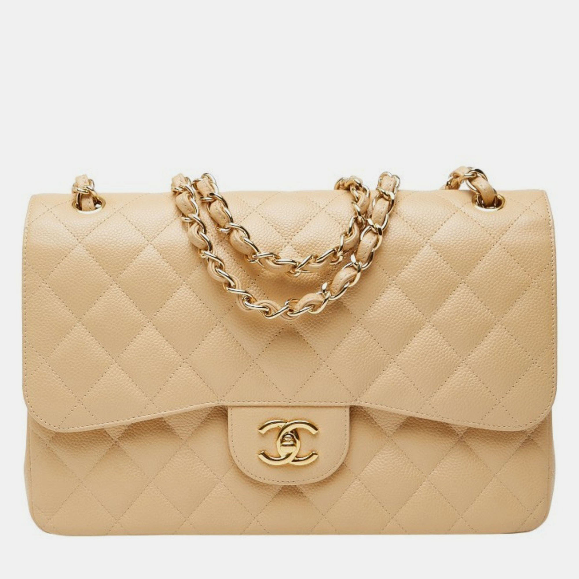 

Chanel Coco Mark Matelasse 30 Double Flap Chain Shoulder Bag In Beige Caviar Skin