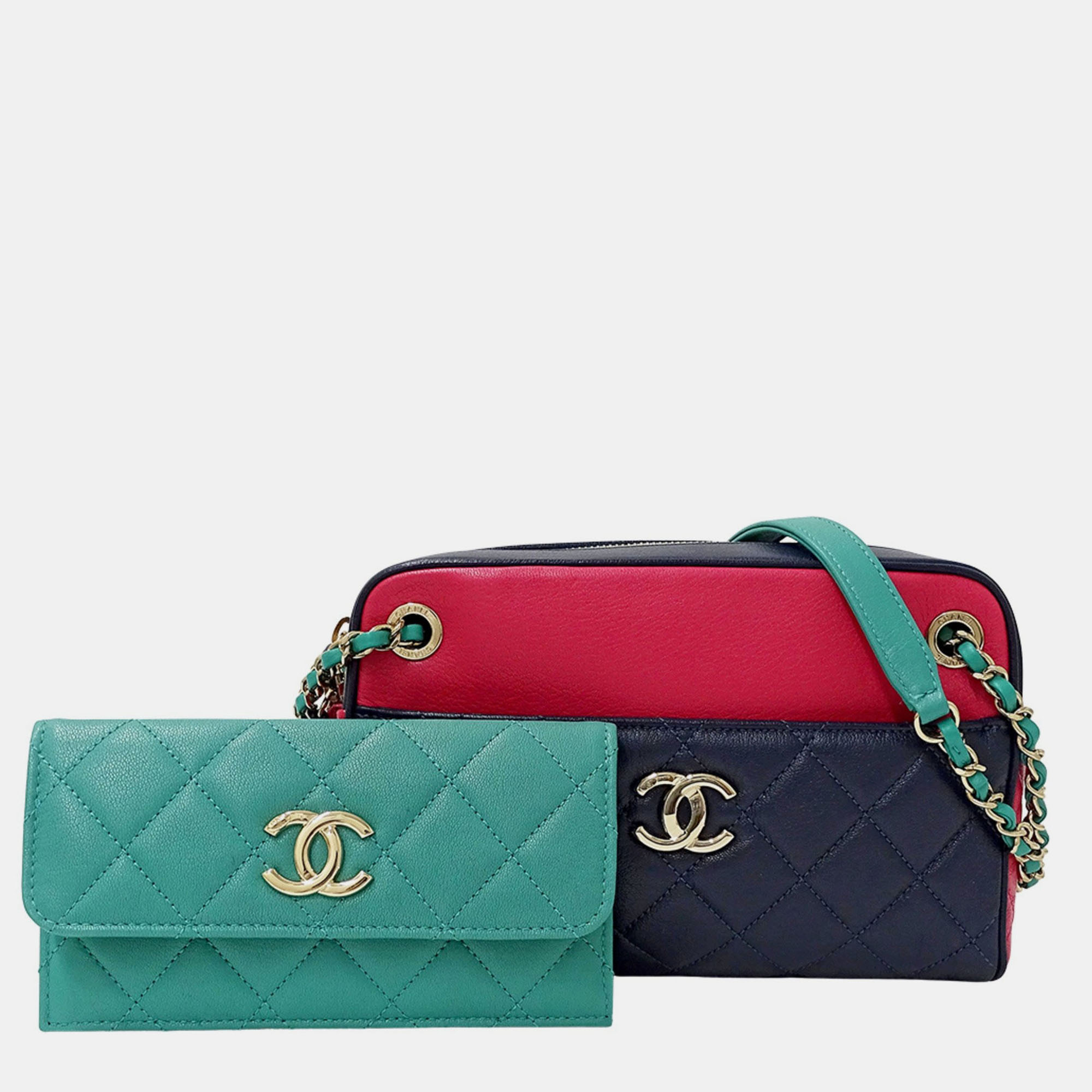 

Chanel Matelasse Shoulder Bag Camera Leather Tricolor Blue Pink Green Gold Hardware Chain Mini Small, Multicolor
