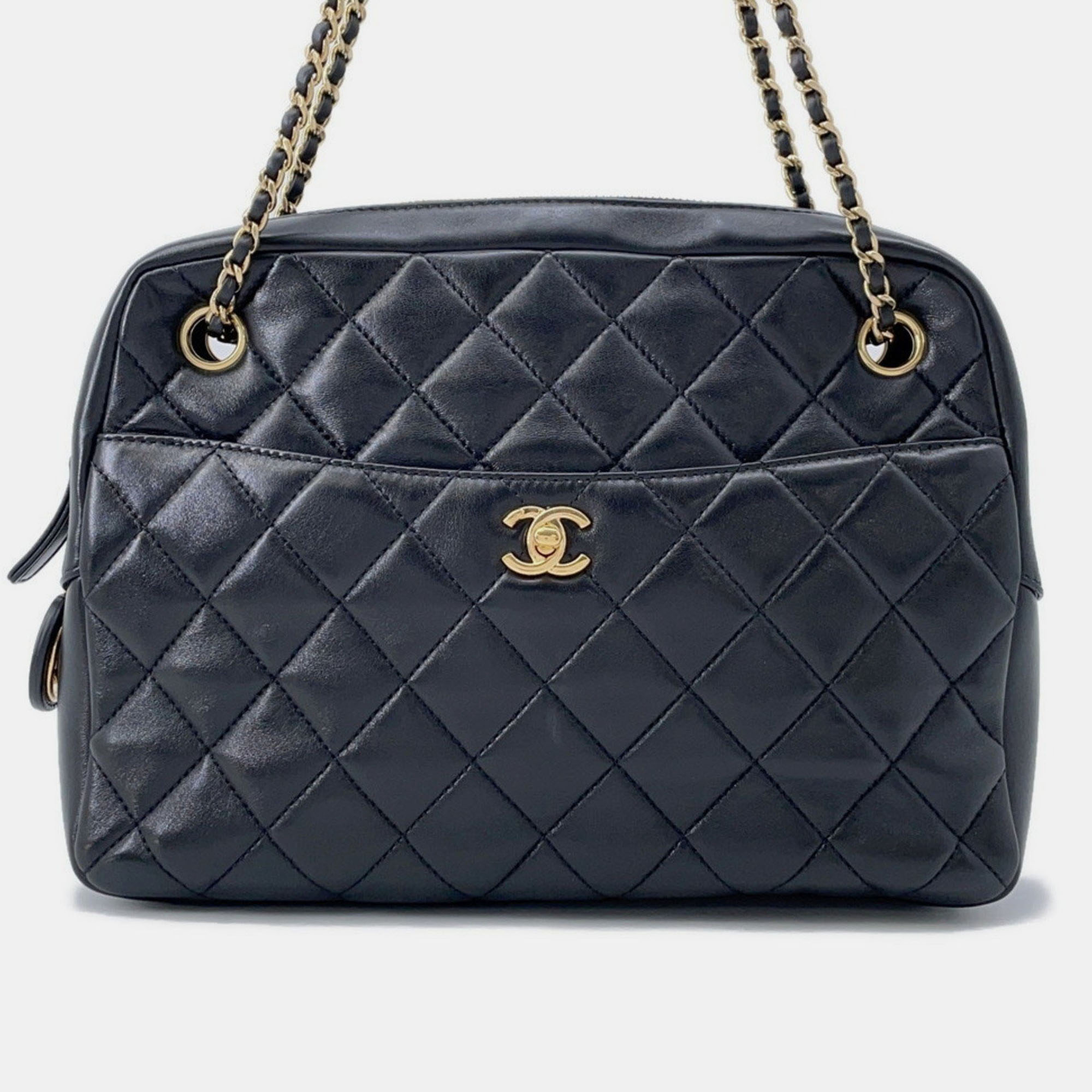 

Chanel Chain Shoulder Bag Coco Mark Matelasse Camera Case Lambskin Black
