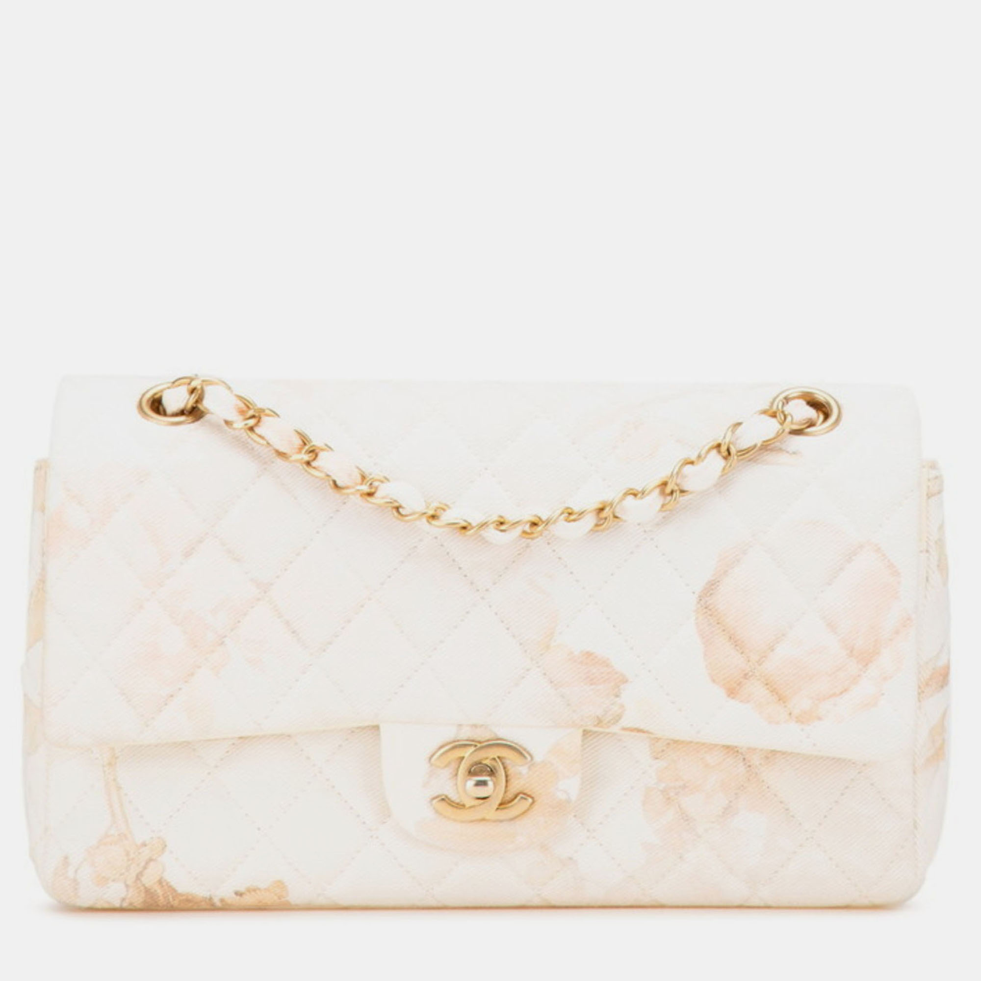 

Chanel Matelasse 25 Coco Mark Double Flap Gold Hardware Flower Chain Shoulder Bag White Pink Cotton Leather