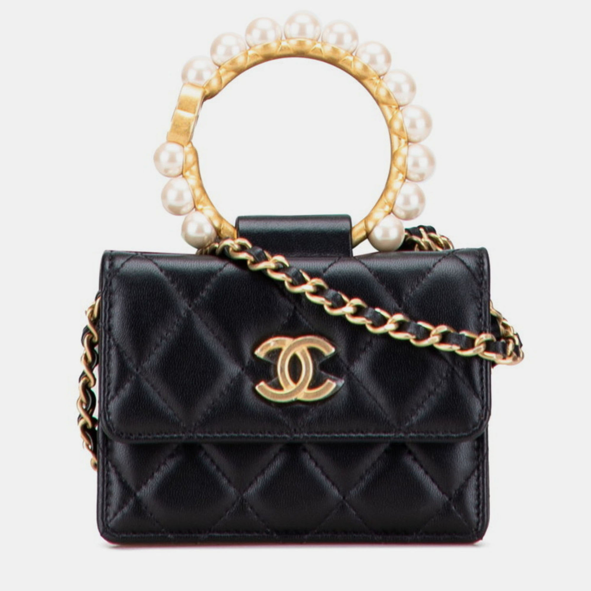 

Chanel Coco Mark Mini Matelasse Top Handle Chain Shoulder Bag Black Lambskin With Faux Pearl