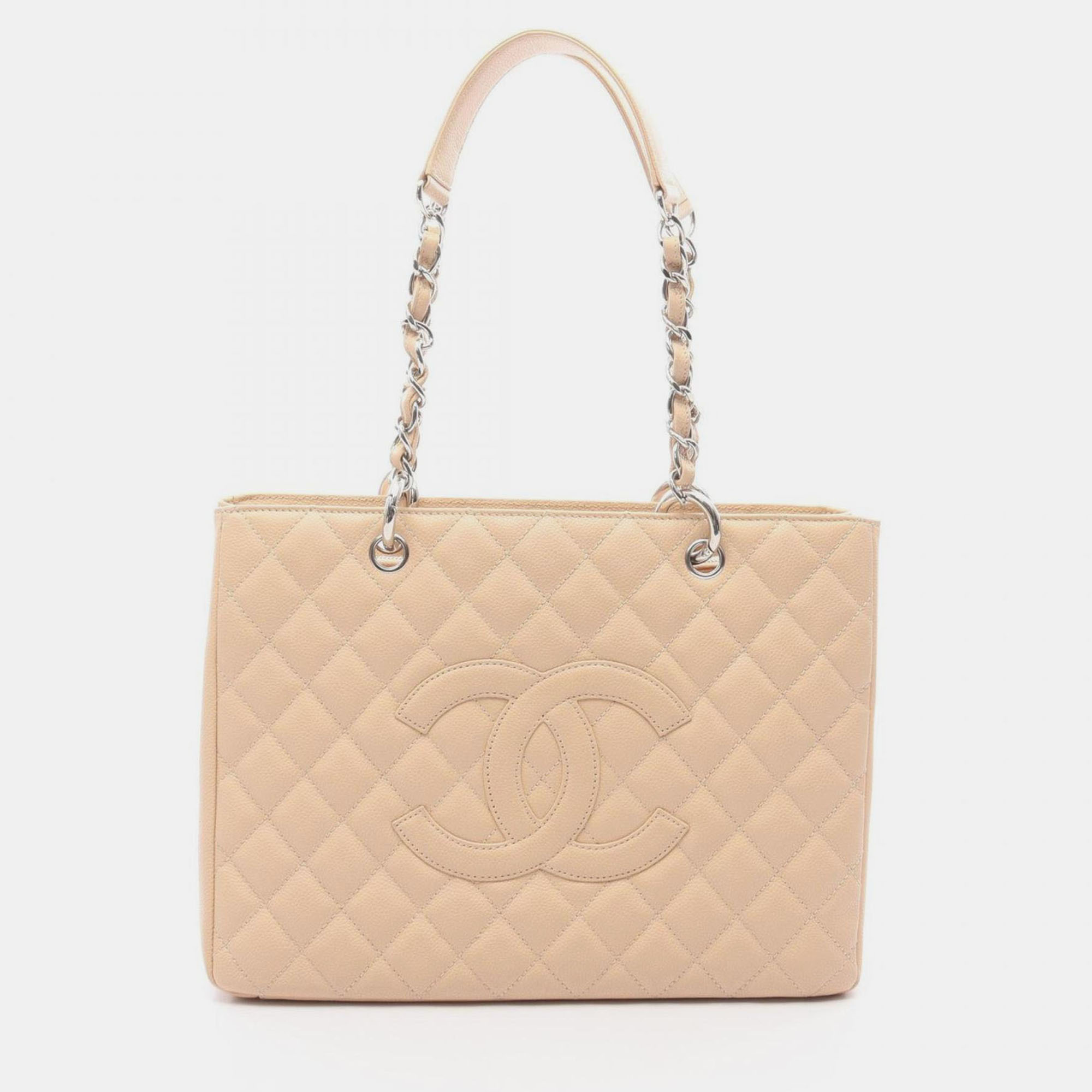 Pre-owned Chanel Matelasse Grand Shopping Gst Tote Bag In Beige Calfskin Leather In Sand