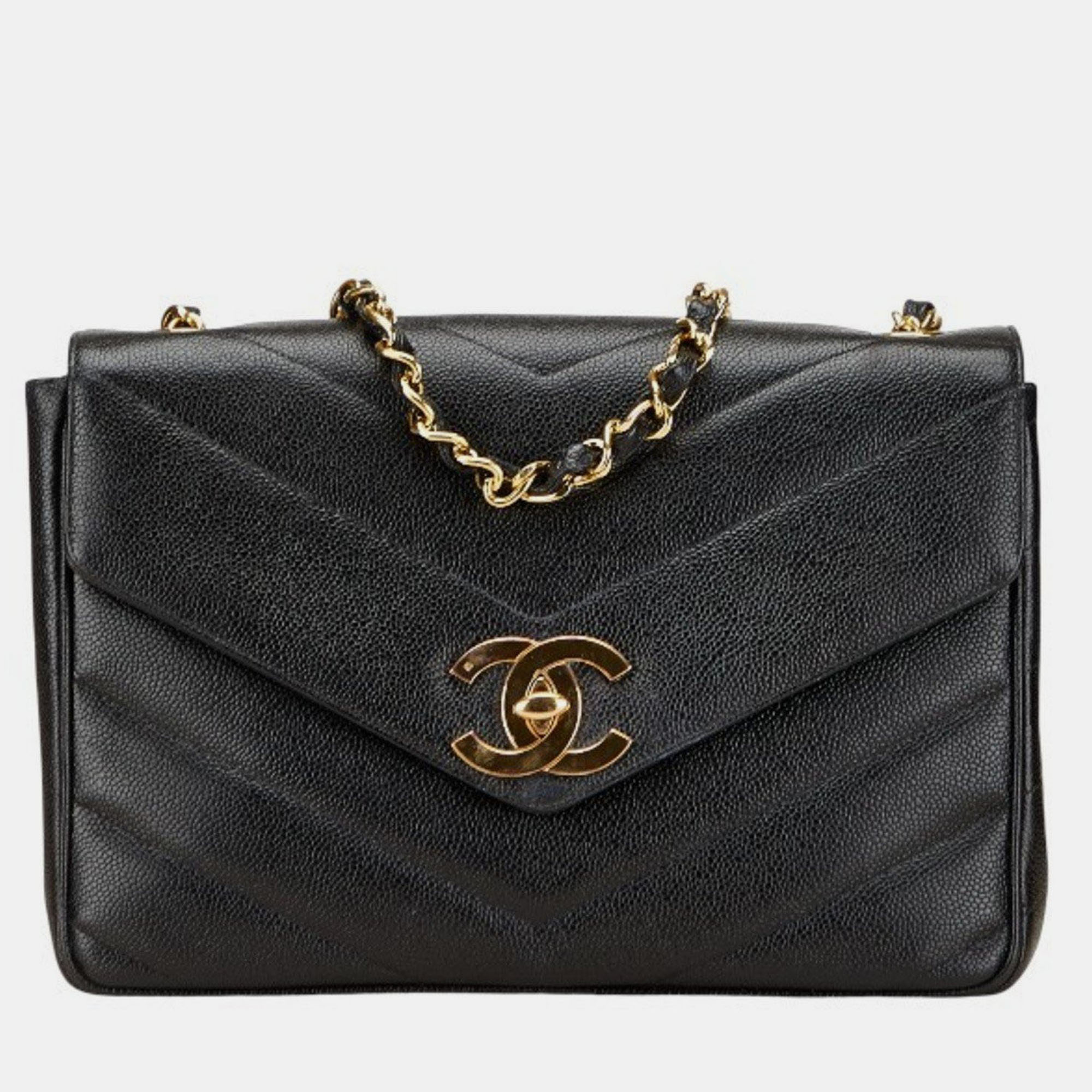

Chanel Chevron Coco Mark Chain Shoulder Bag In Black Caviar Leather