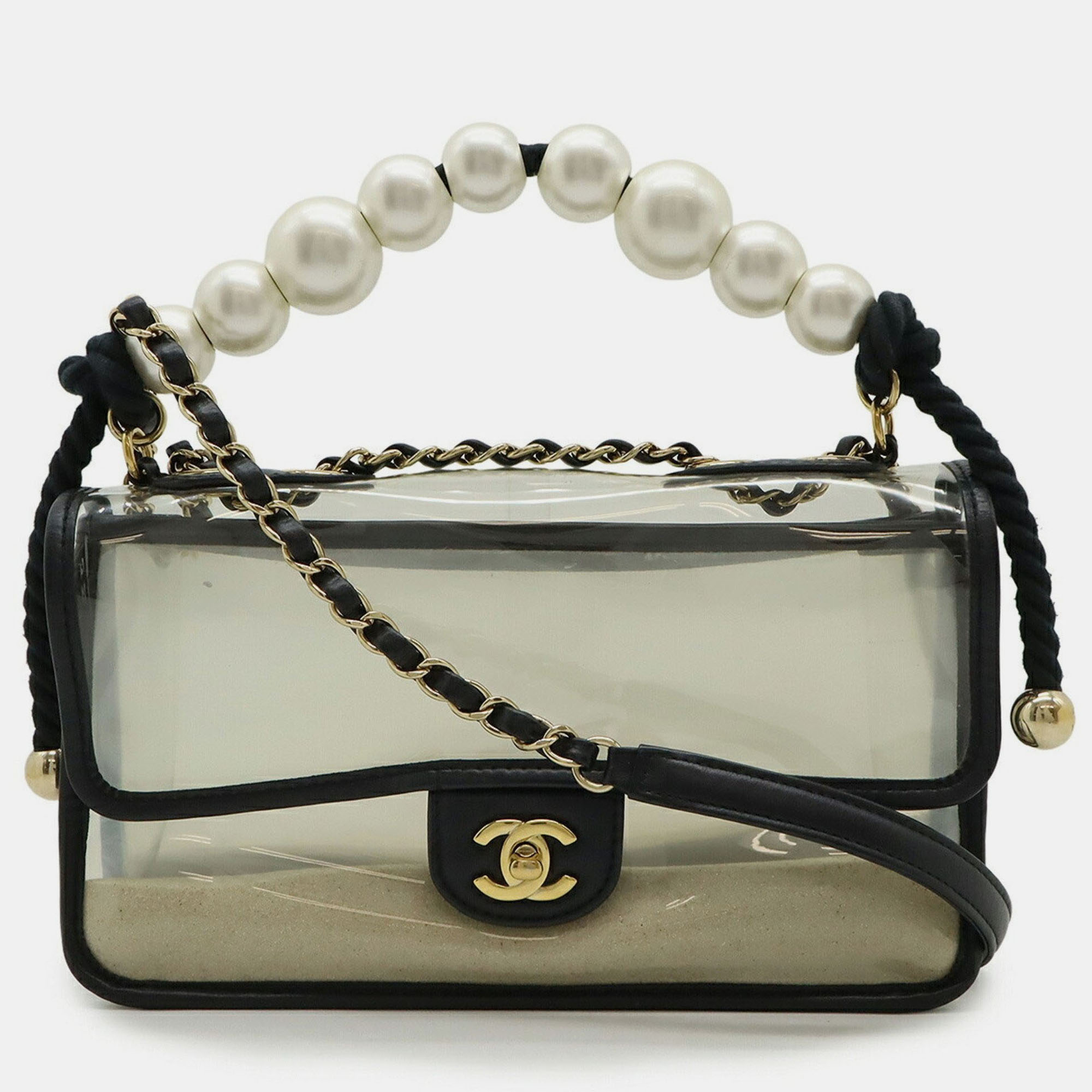 

Chanel Coco Mark Chain Shoulder Bag Handbag In Vinyl Faux Pearl Sand Lambskin Clear Black
