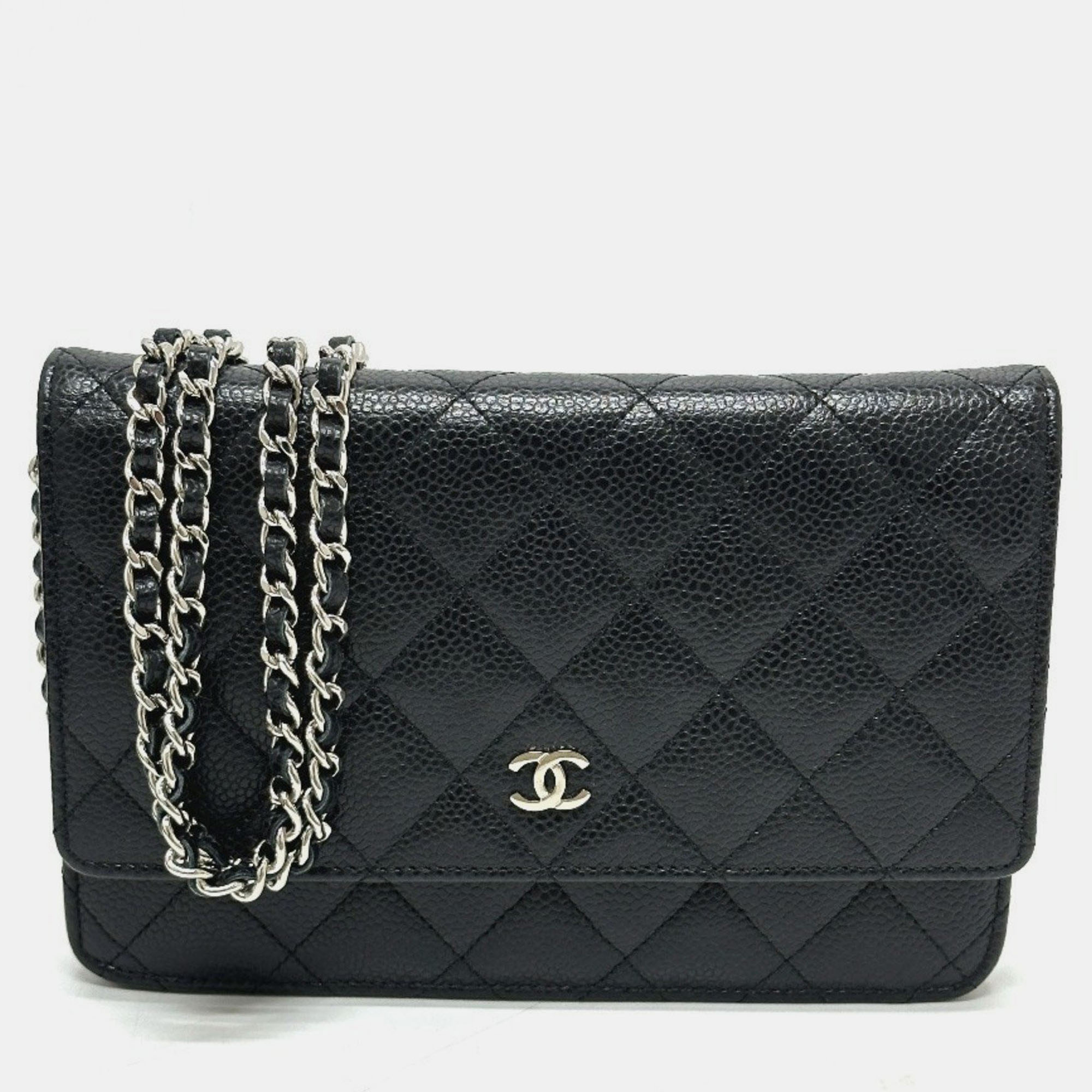 Pre-owned Chanel Matelasse Coco Mark Classic Chain Wallet Crossbody Bag Shoulder Caviar Skin Black