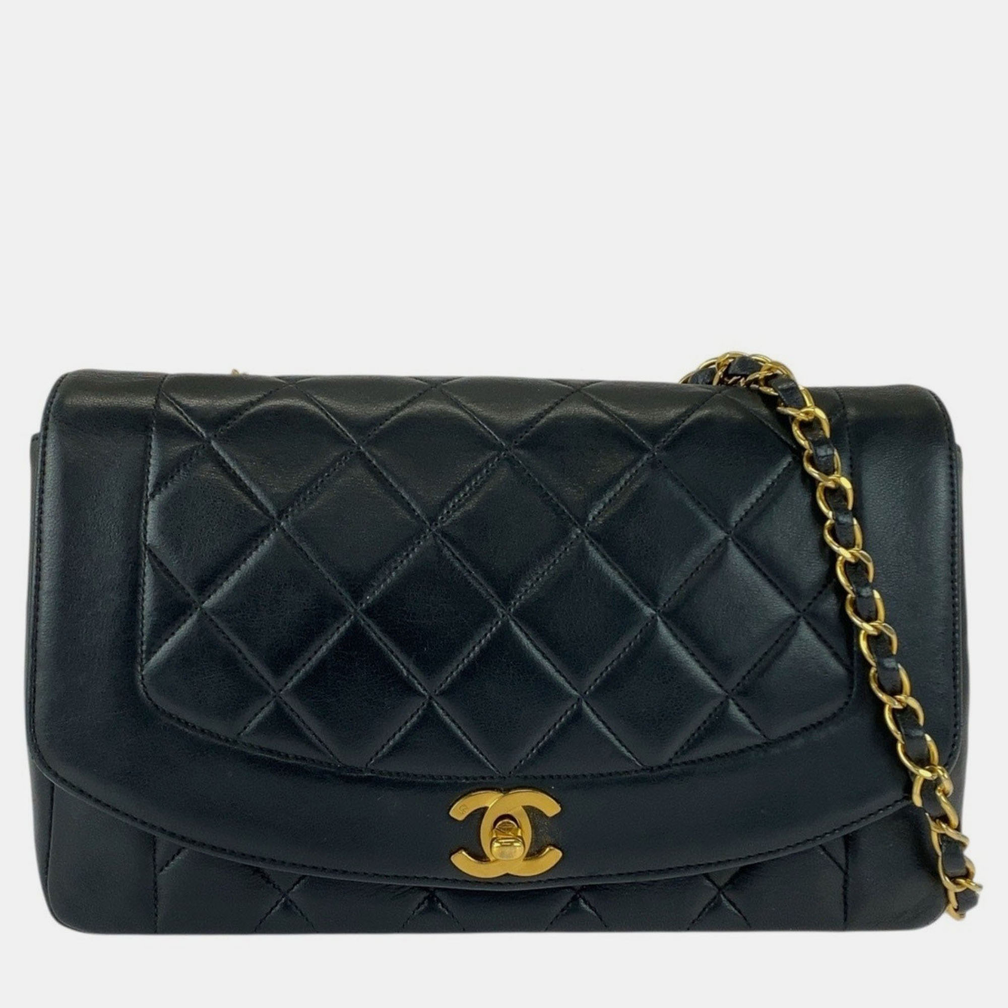 

Chanel Vintage Matelasse 25 Diana Flap Coco Mark Turnlock Black Lambskin Chain Shoulder Bag