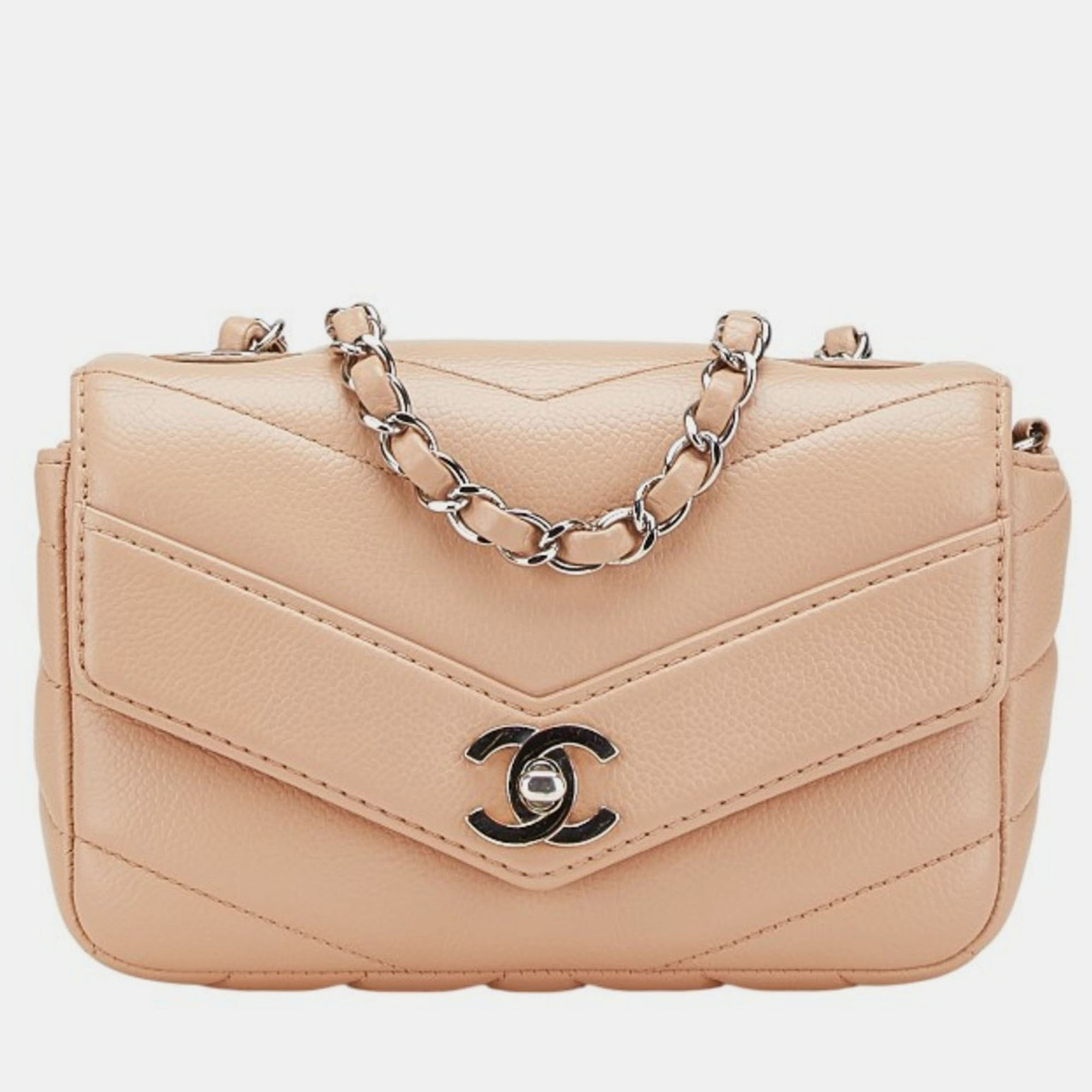 

Chanel Chevron Coco Mark Chain Shoulder Bag Beige Silver Caviar Skin