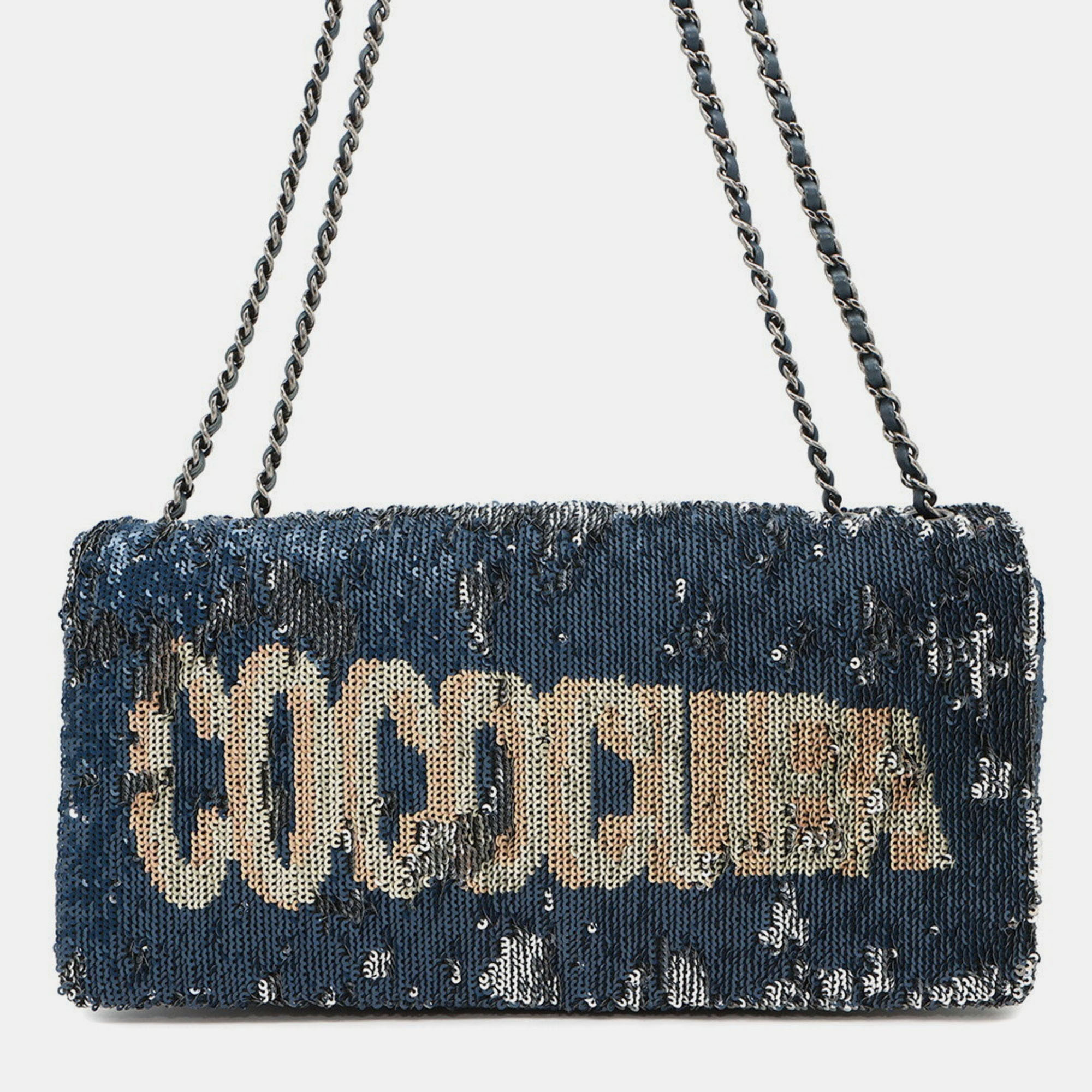 

Chanel Chain Shoulder Bag Coco Cuba Sequin Leather Navy Blue,