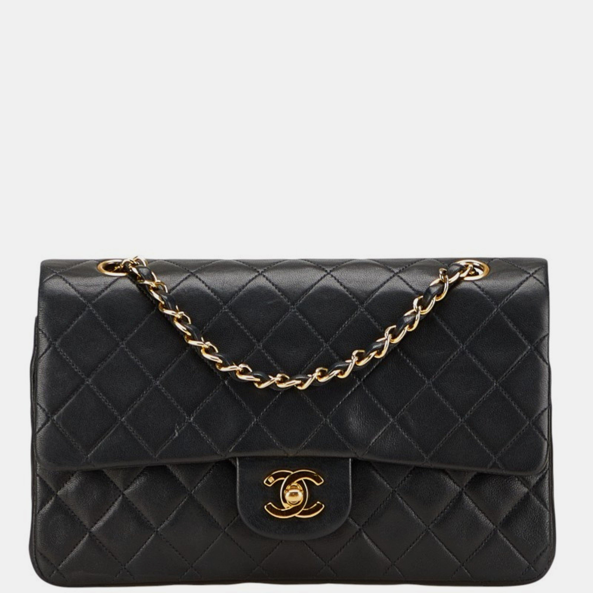 

Chanel Matelasse Coco Mark Double Flap Chain Shoulder Bag Handbag Black Lambskin