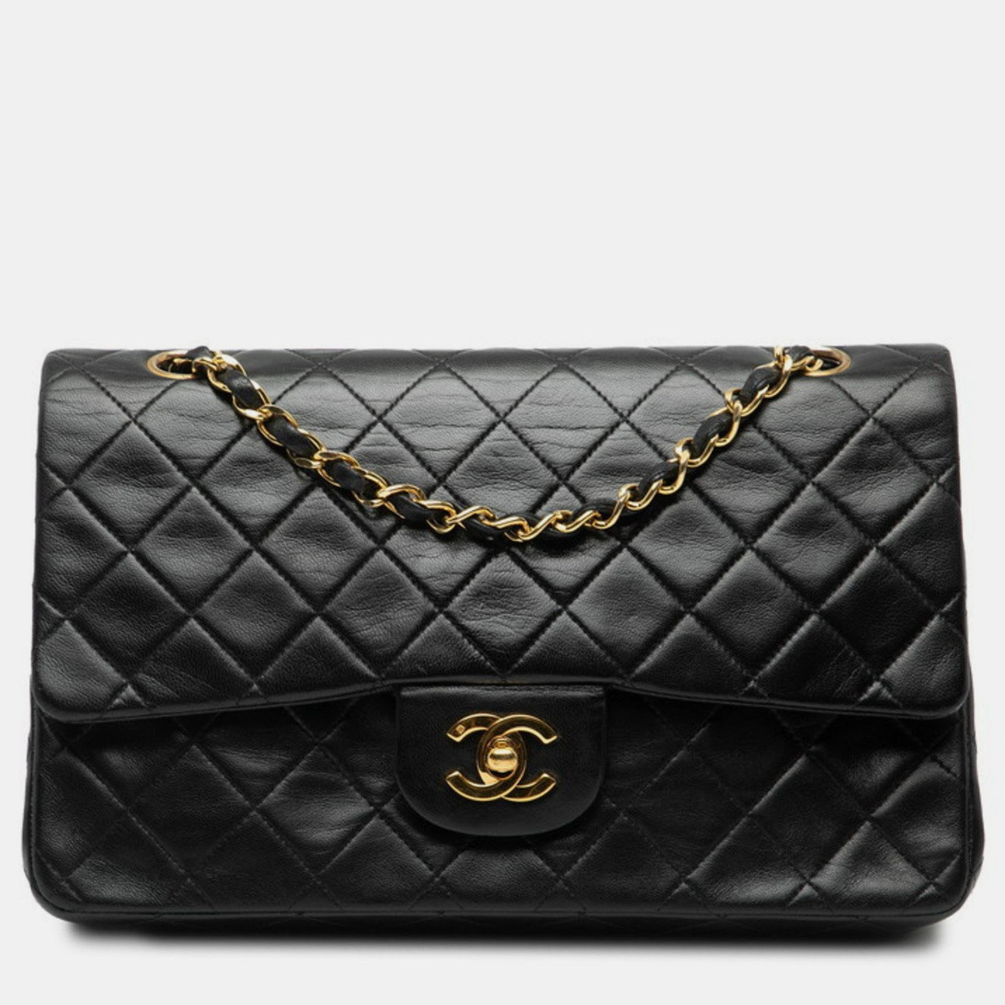 

Chanel Matelasse 25 Coco Mark Double Flap Chain Shoulder Bag In Black Lambskin