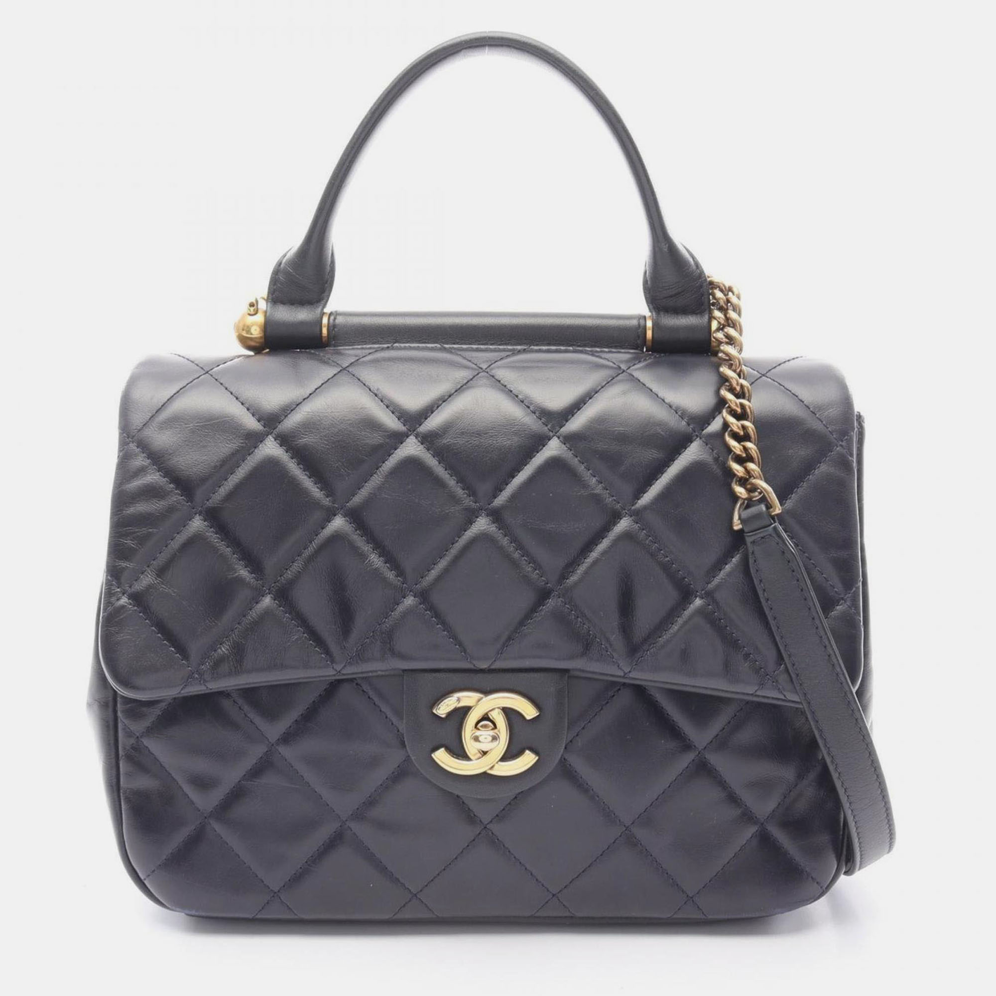 

Chanel Matelasse Top Handle Shoulder Bag In Lambskin Leather Navy Blue