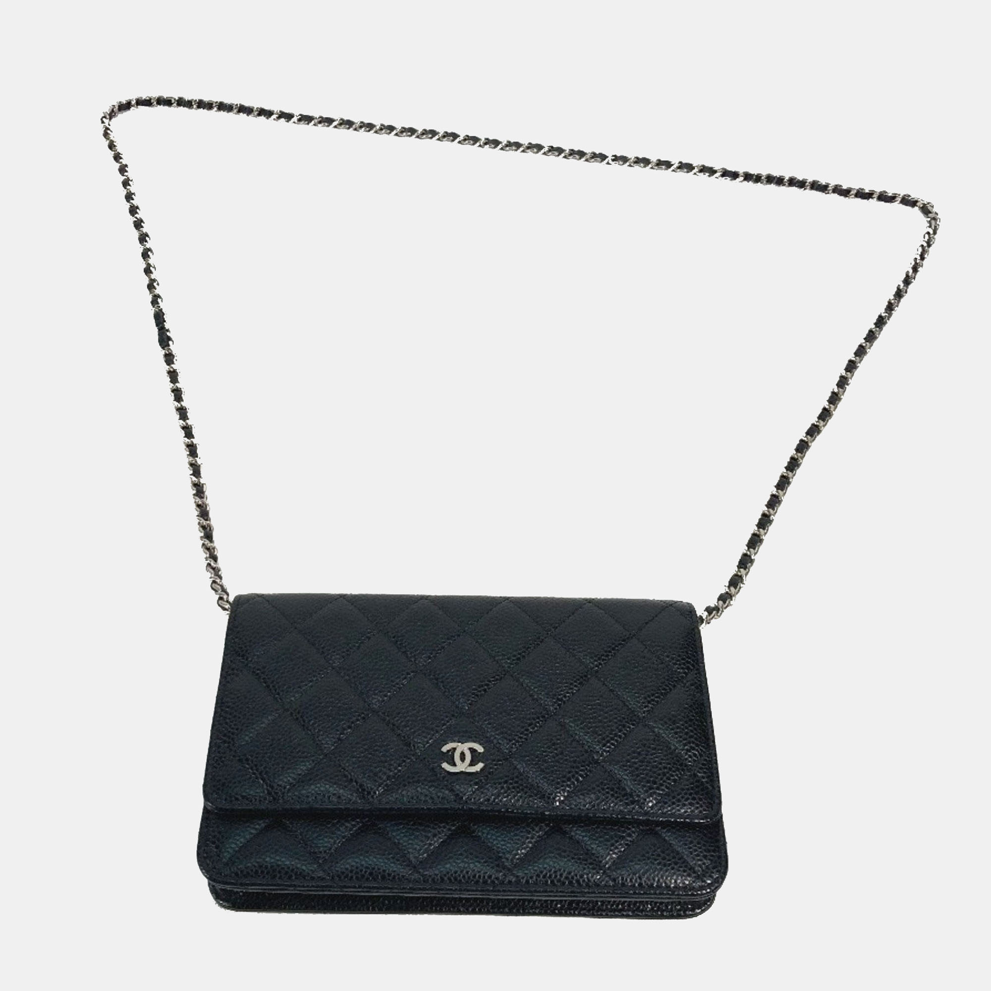 Pre-owned Chanel Quilted Cc Matelasse Coco Mark Chain Wallet Shoulder Bag Long Caviar Skin Black