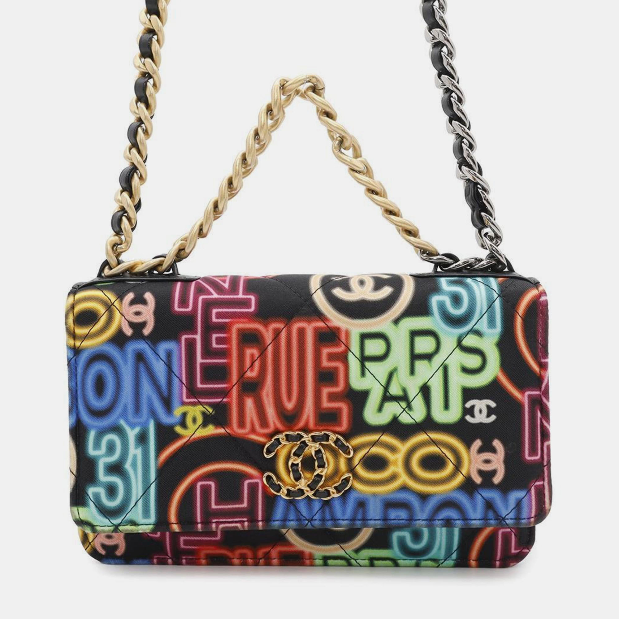 Click to view more detailed imagery on our partner's website Pre-owned Chanel Chain Wallet Coco Mark Matelasse 19 Quilted Neon Print Fabric In Multi