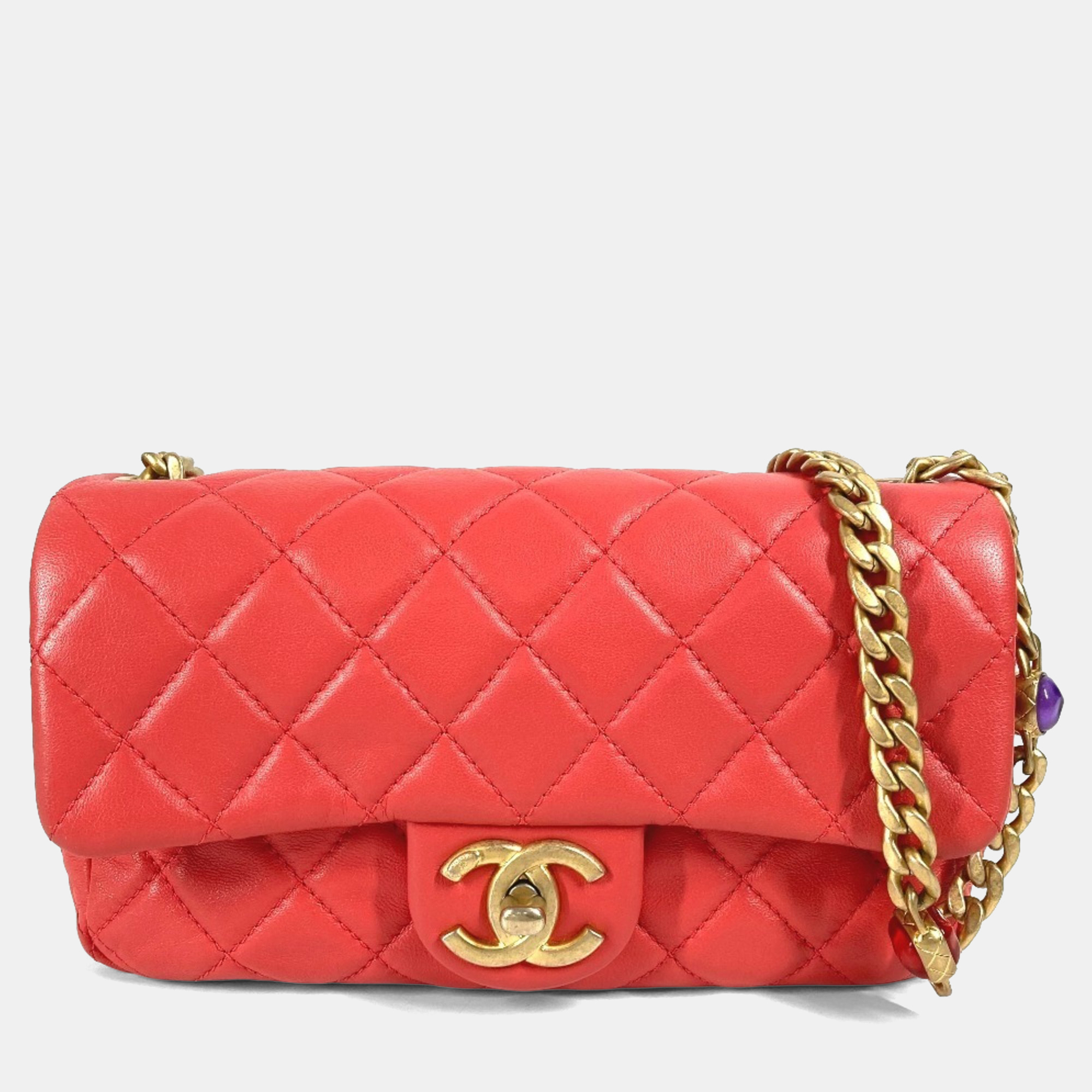 

Chanel Cc Coco Mark Matelasse Jeweled Double Chain Bag With Flap Shoulder In Lambskin Red