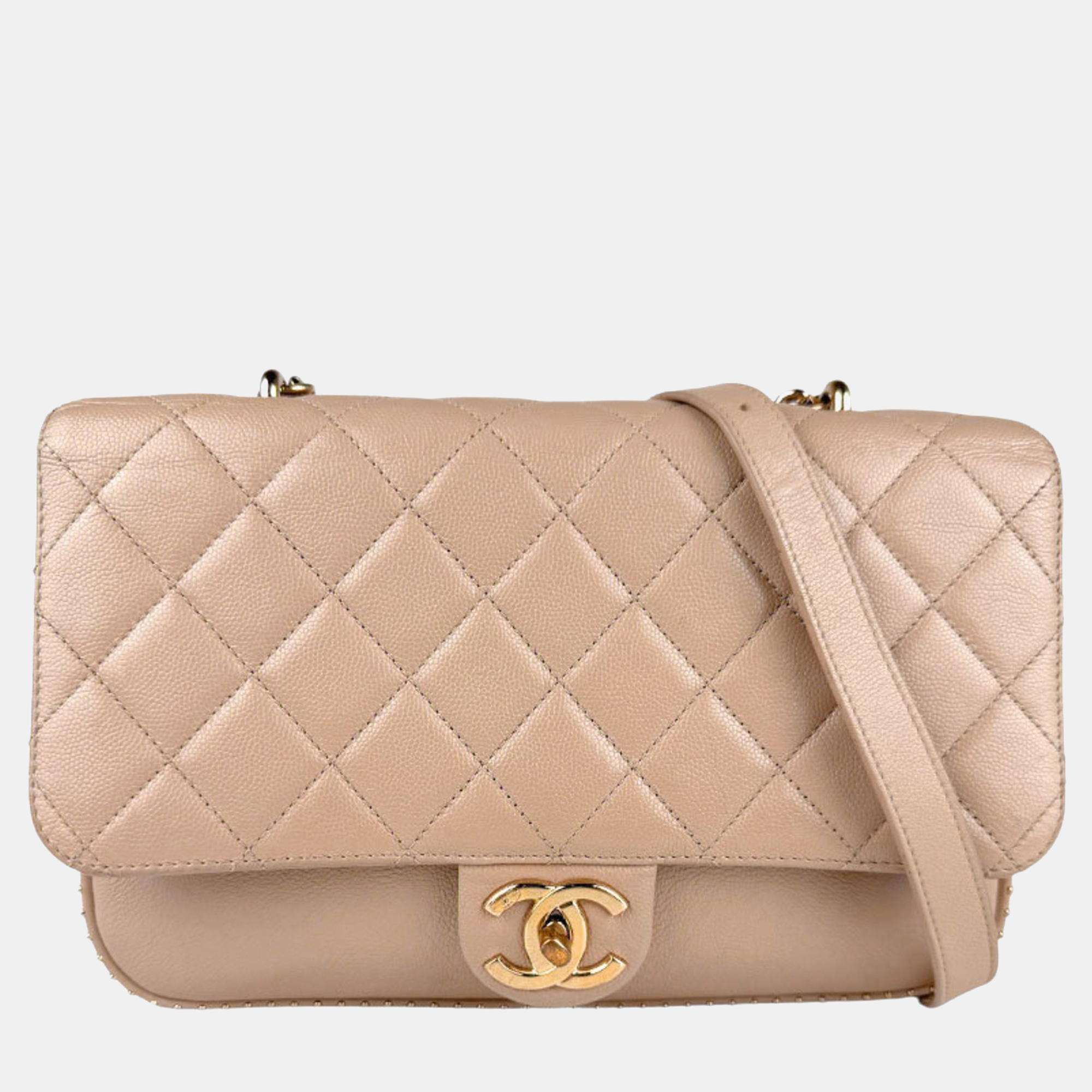 

Chanel Matelasse Caviar Leather Shoulder Bag In Greige And Gold, Grey
