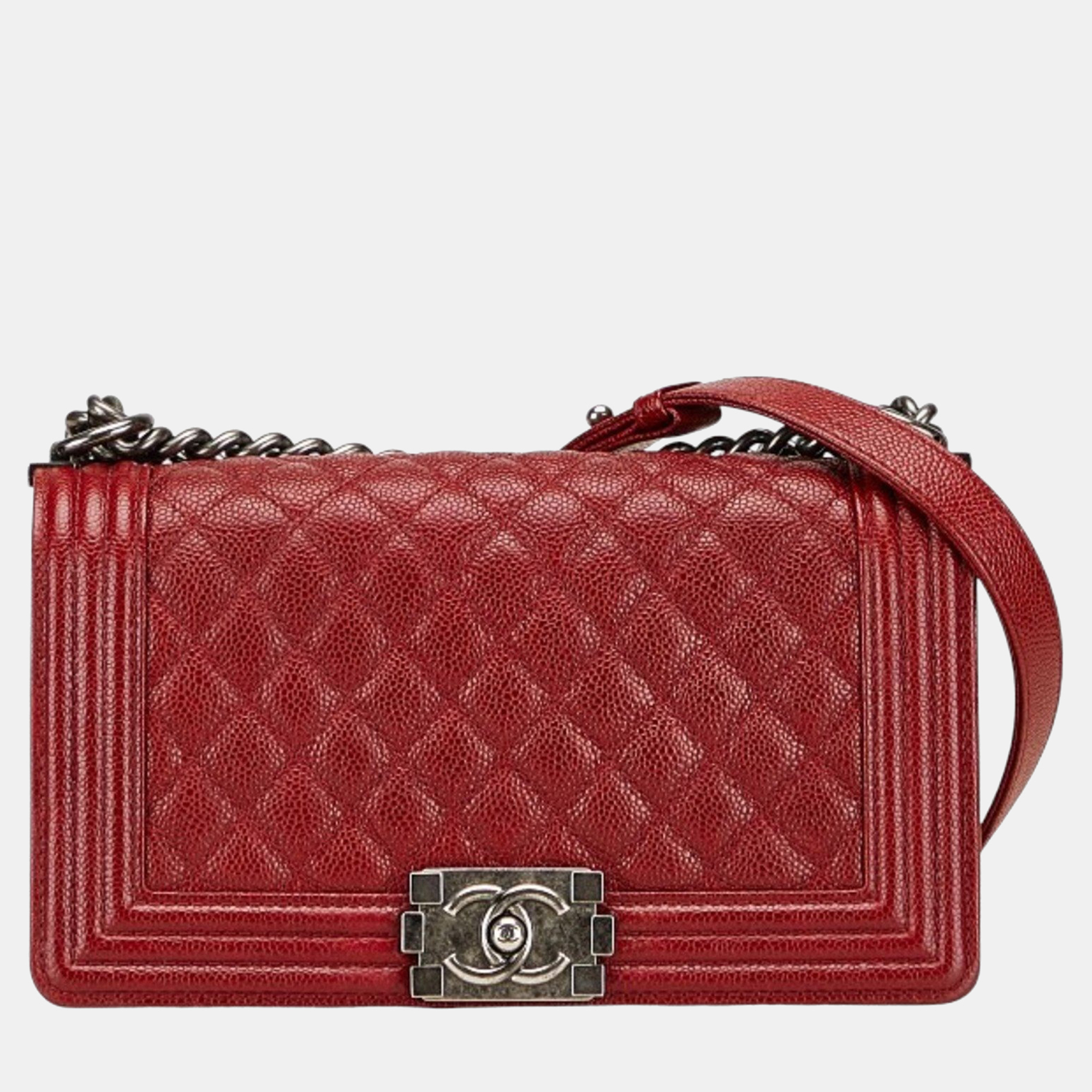 Pre-owned Chanel 25 Crossbody Chain Shoulder Bag In Red Caviar Skin