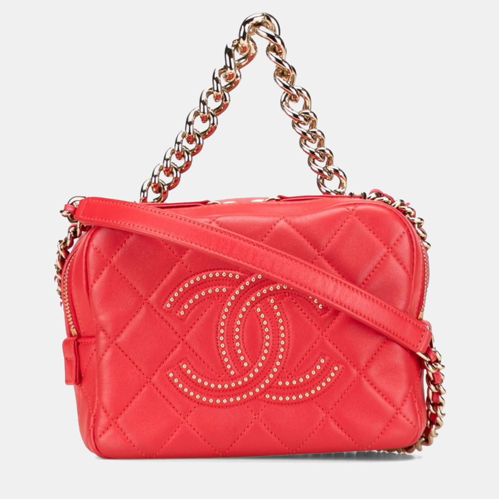 

Chanel Matelasse Studs Coco Mark Chain Shoulder Bag In Red And Gold Lambskin