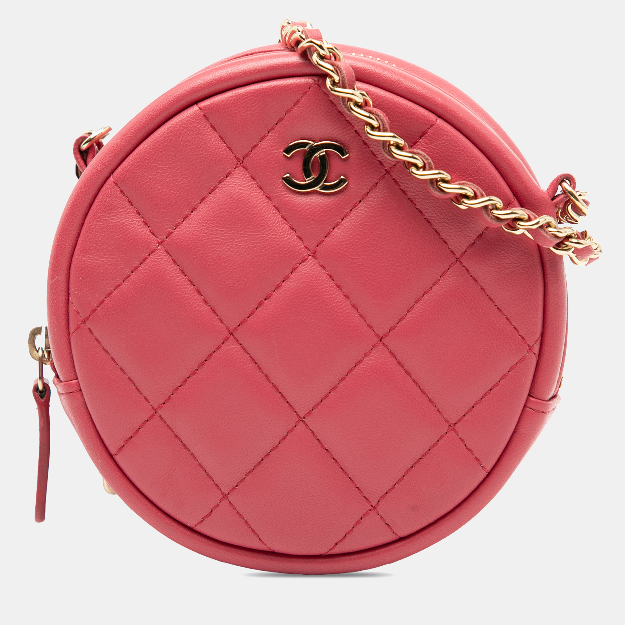 

Chanel Pink CC Quilted Lambskin Round Clutch With Chain