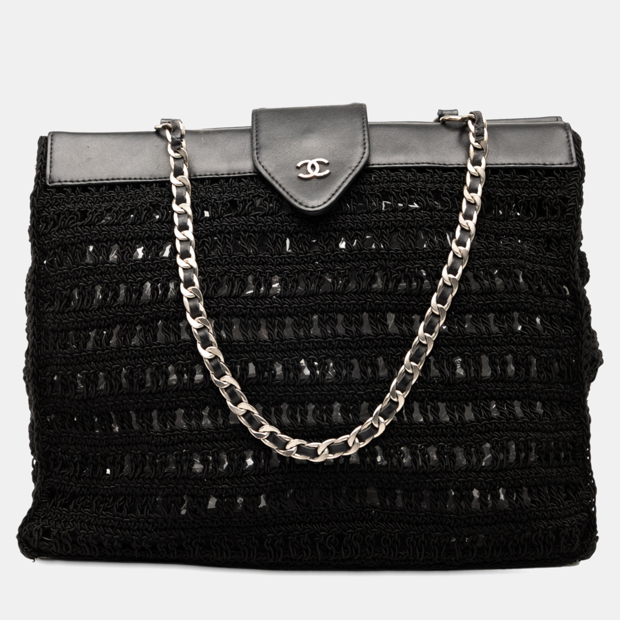 Pre-owned Chanel Black Cc Crochet Raffia Chain Tote