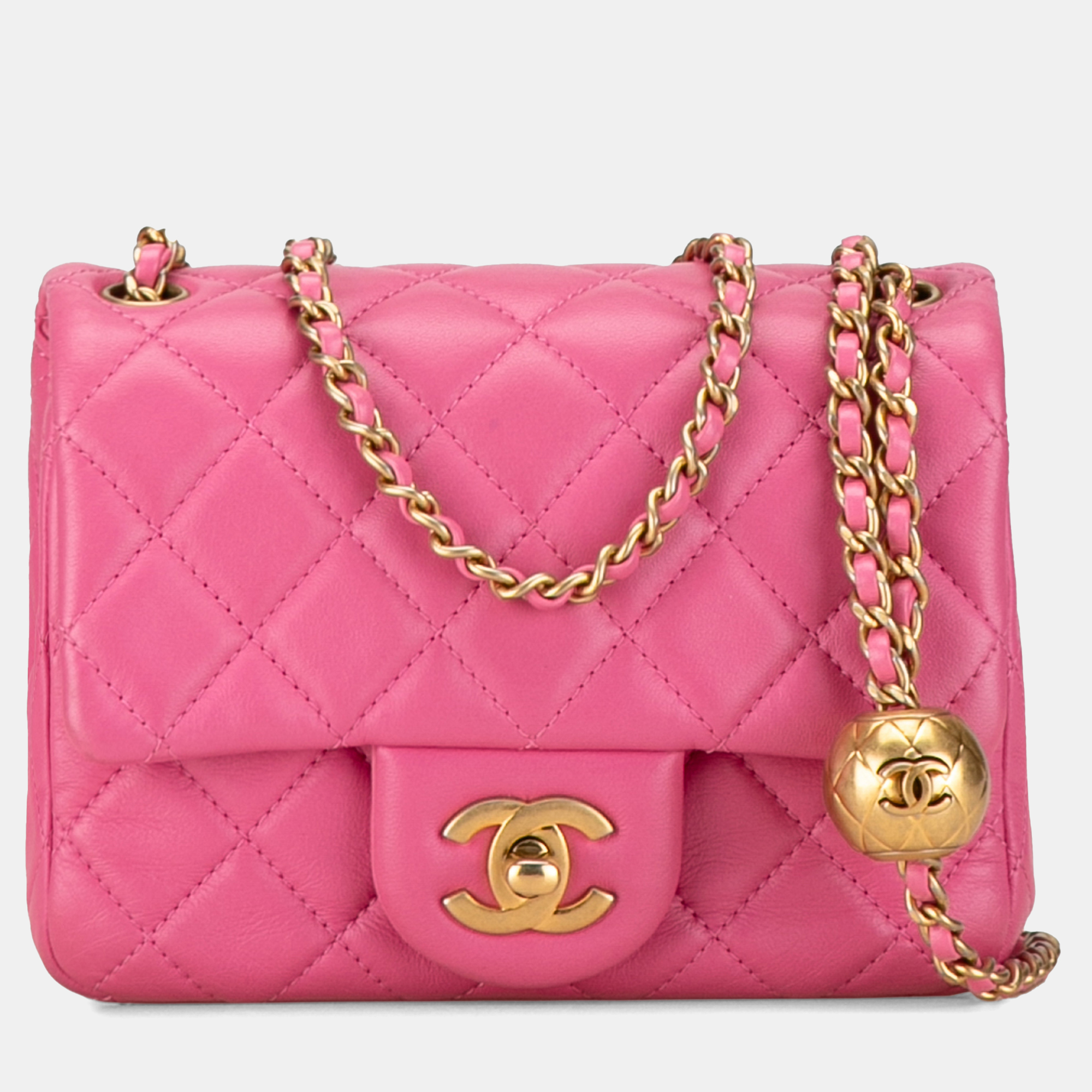 

Chanel Pink Mini Square Classic Lambskin Pearl Crush Single Flap