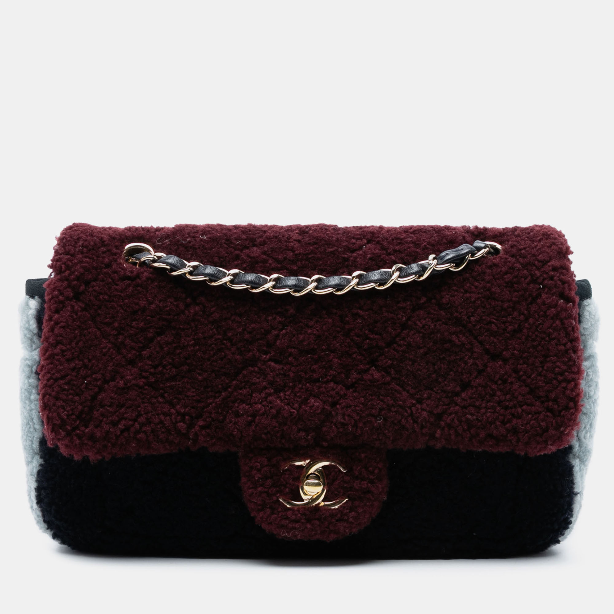 

Chanel Red Medium Tricolor CC Quilted Shearling Single Flap