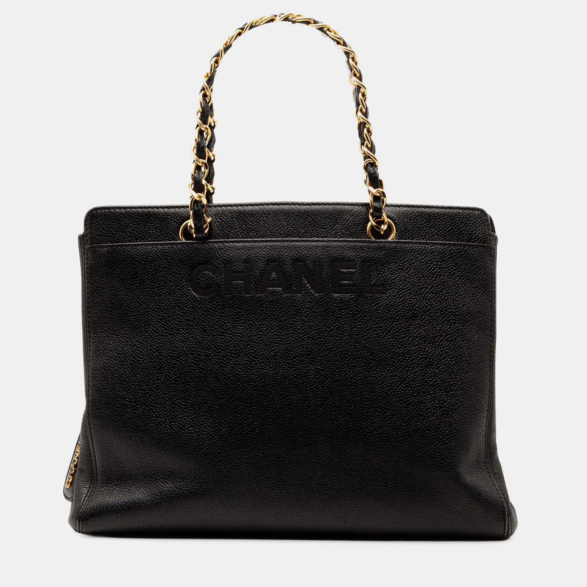 Pre-owned Chanel Black Caviar Logo Chain Tote