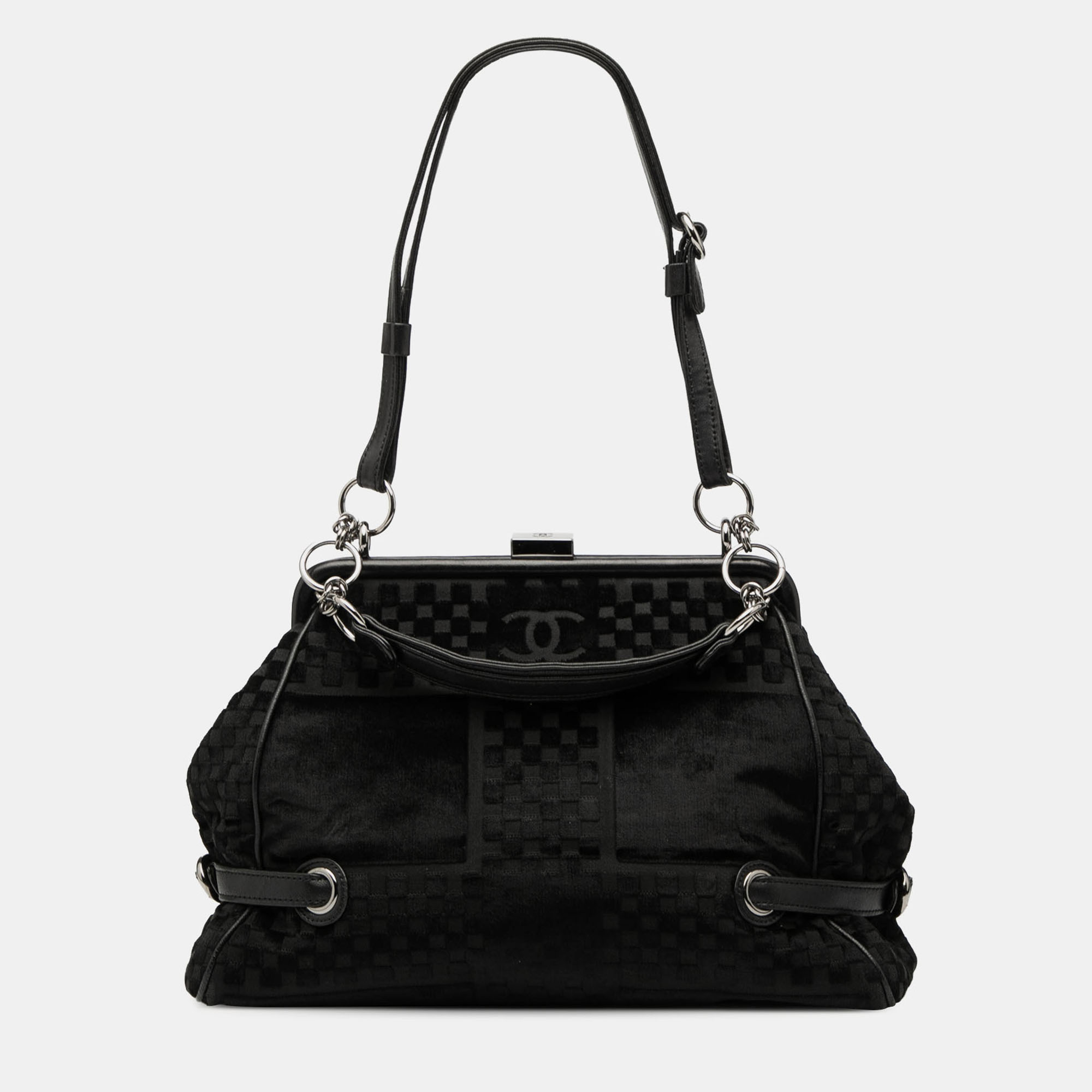 Pre-owned Chanel Black Cc Check Embossed Velvet Belted Side Frame Bag