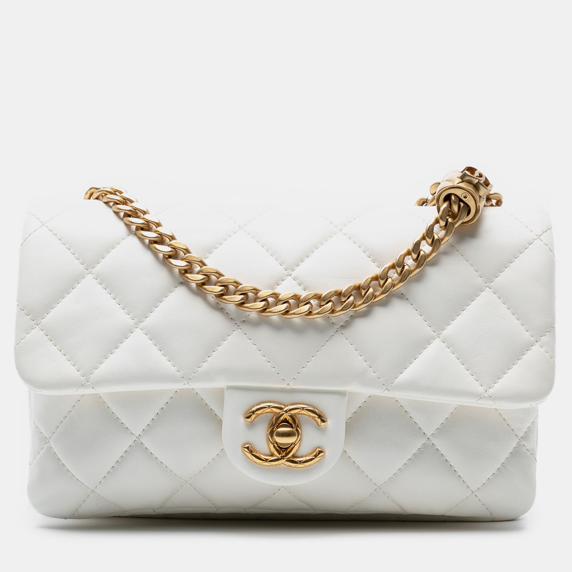 

Chanel White Mini Quilted Lambskin Quilted CC Single Flap