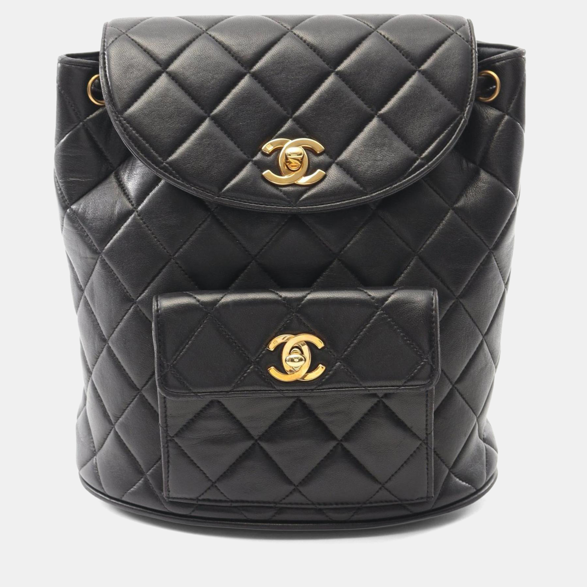 Pre-owned Chanel Matelasse Backpack Bag In Lambskin Leather Black
