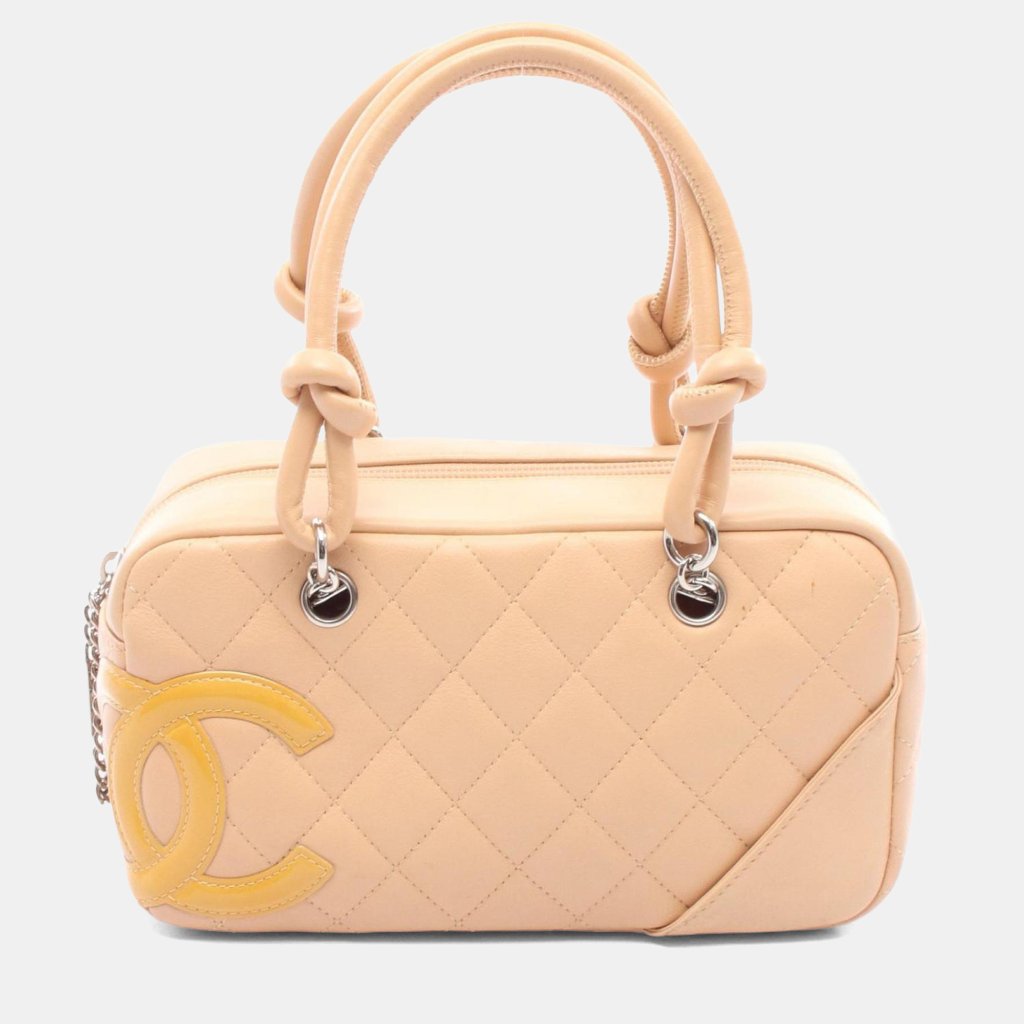 

Chanel Cambon Mini Bowling Bag Handbag Leather Patent Beige