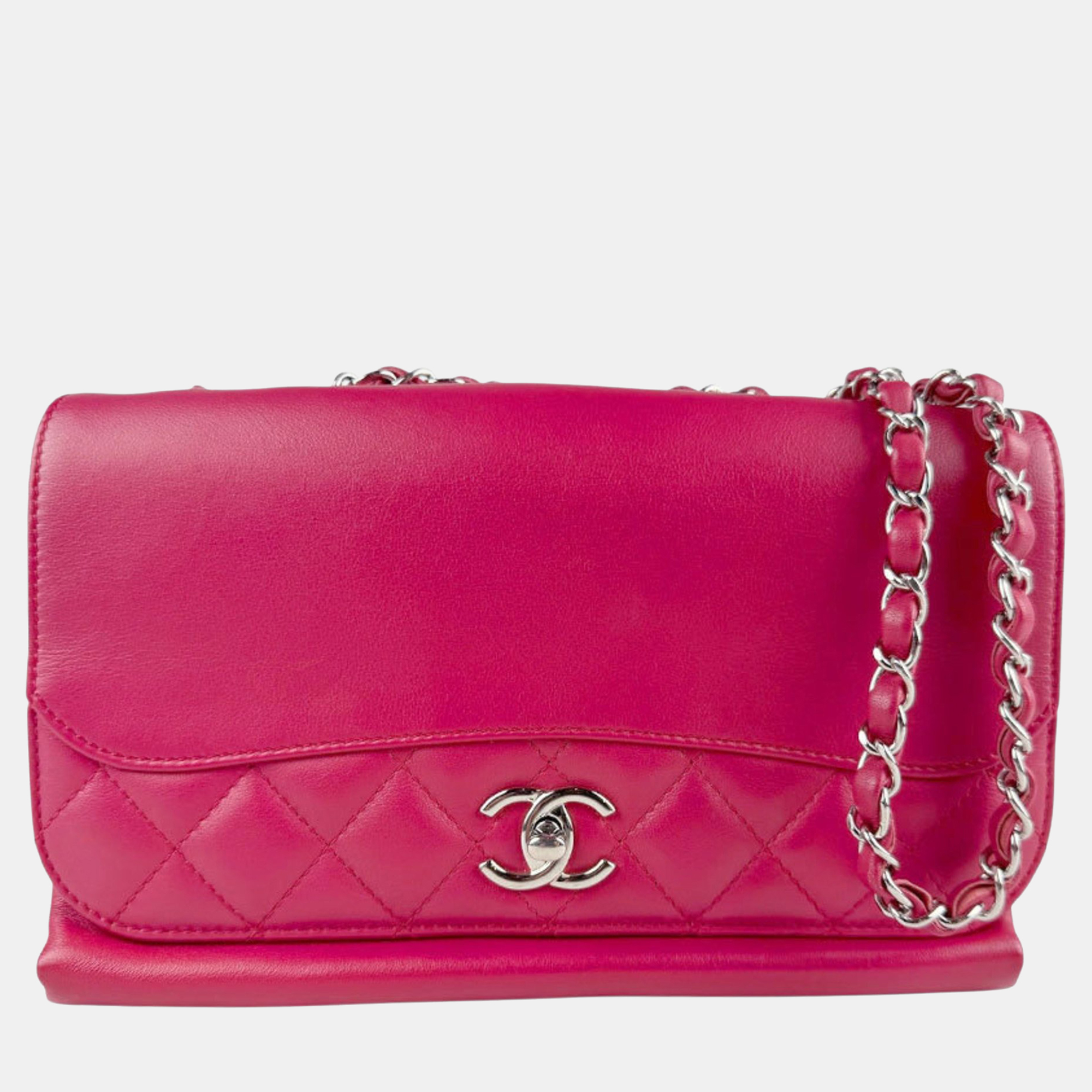

Chanel Shoulder Bag Leather Metal Pink Red Silver