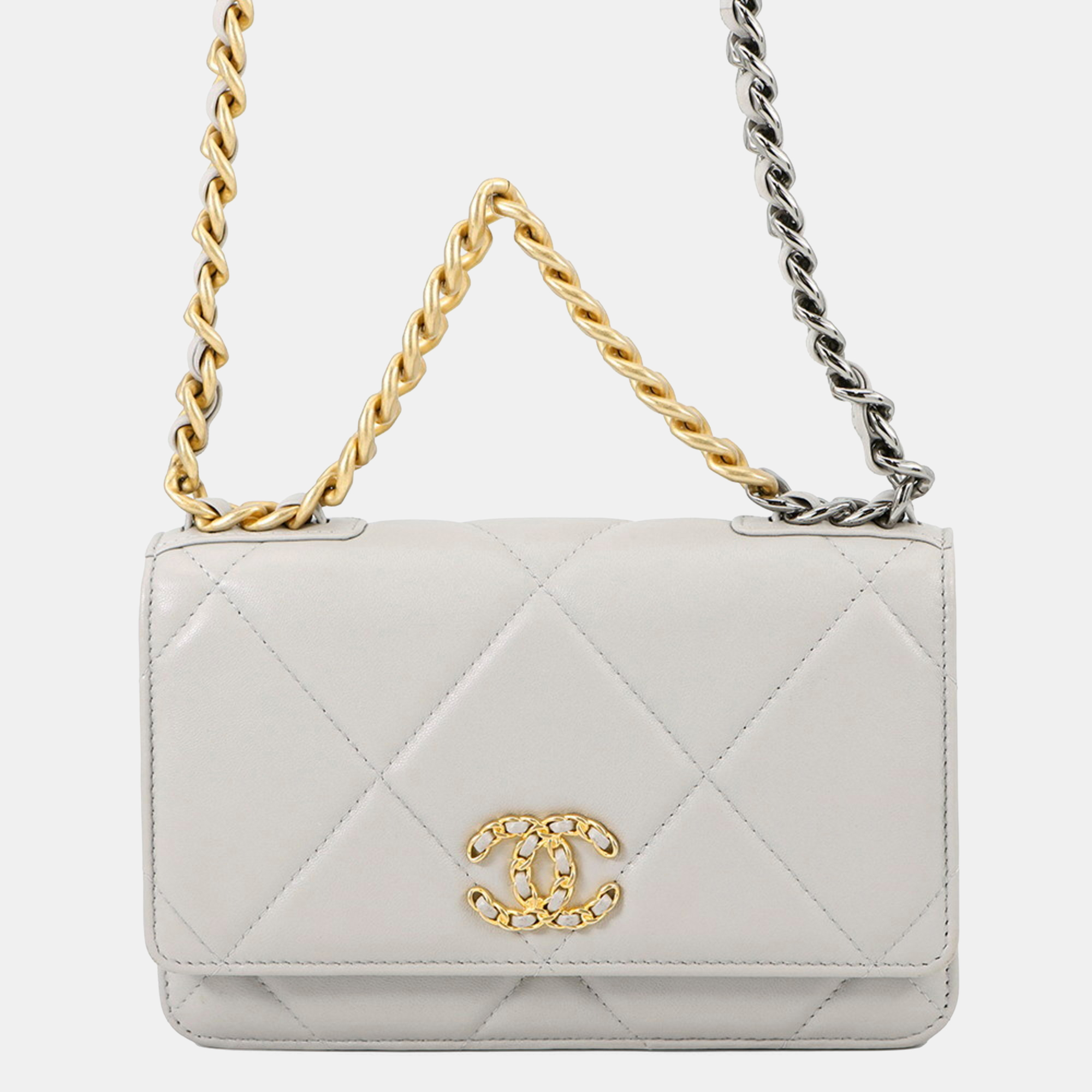 Pre-owned Chanel Chain Wallet With Coco Mark And Matelasse Pattern 19 Lambskin In Gray